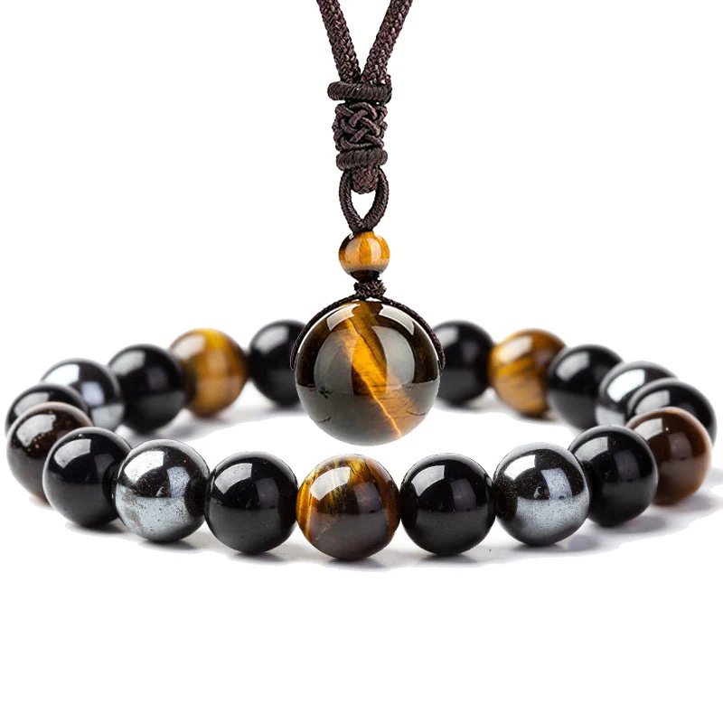 Tibetan-style Tiger's Eye Bracelet and Necklace Set