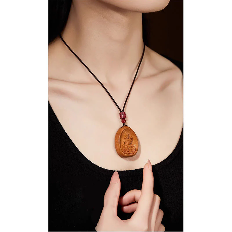 Peach Wood Cinnabar Om Mani Padme Hum Chinese Zodiac Black String Necklace Pendant