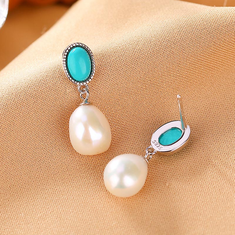 925 Sterling Silver Pearl Turquoise Healing Necklace Pendant Ring Earrings Set