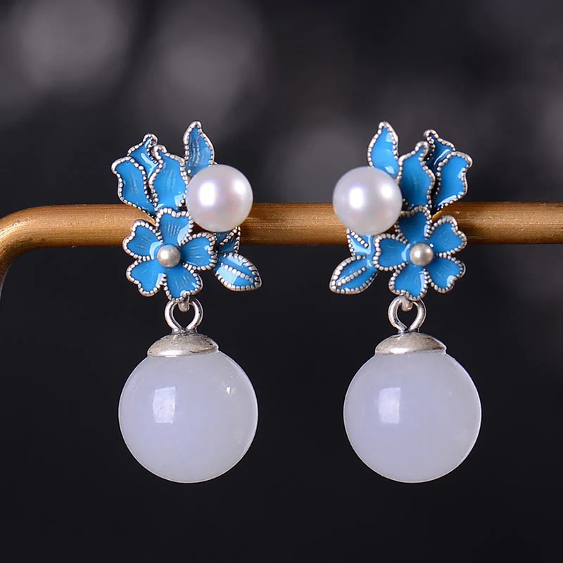 White Jade 925 Sterling Silver Pearl Flower Blessing Necklace Pendant Ring Earrings