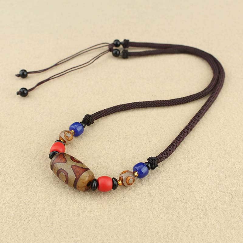 Tibetan Nine-Eye and Three-Eyed Dzi Bead Protection String Necklace Pendant