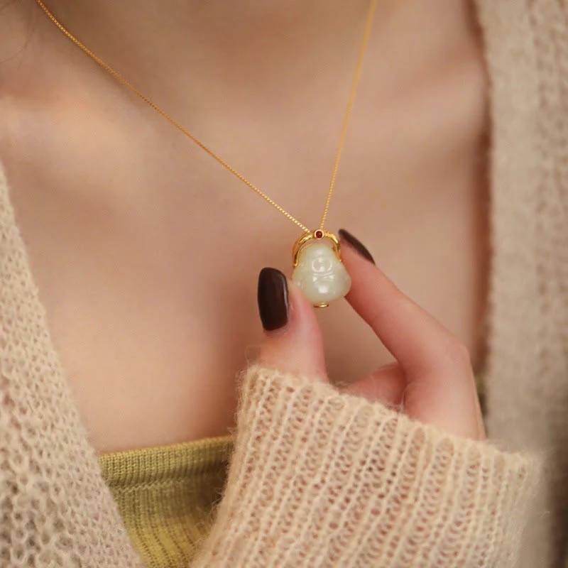 Renbeads 925 Sterling Silver Natural Hetian Jade Laughing Buddha Abundance Chain Necklace Pendant