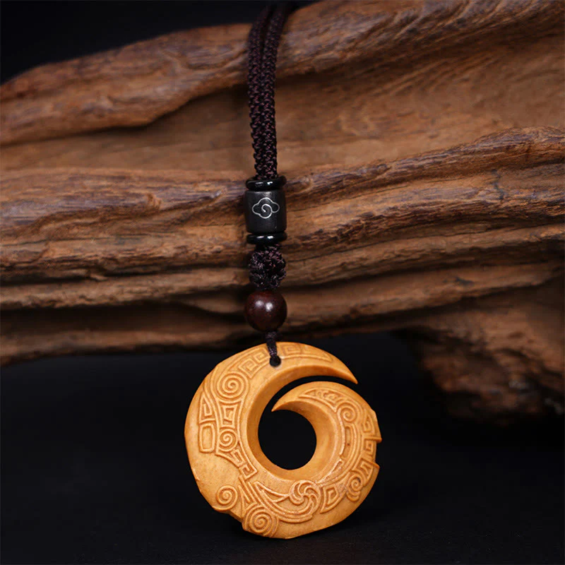 Ebony Wood Sandalwood Good Luck Design Pattern Peace Necklace Pendant