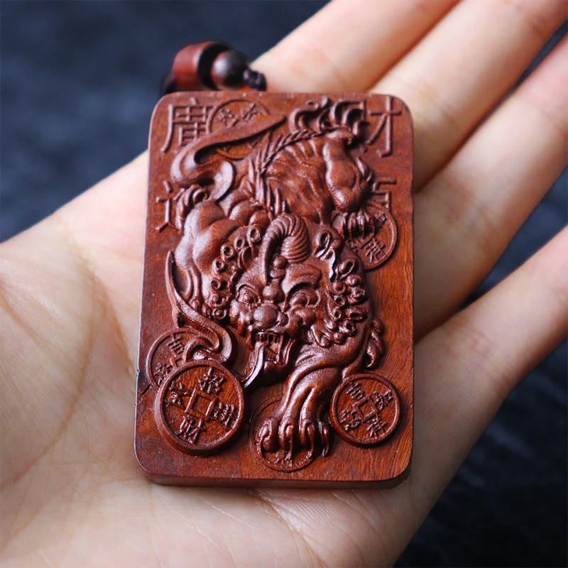 Natural Lightning Struck Jujube Wood PiXiu Copper Coin Good Luck Necklace Pendant