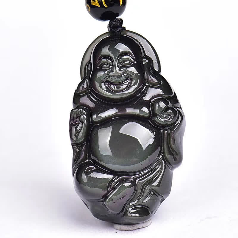 Rainbow Obsidian Laughing Buddha Inner Peace Necklace Pendant