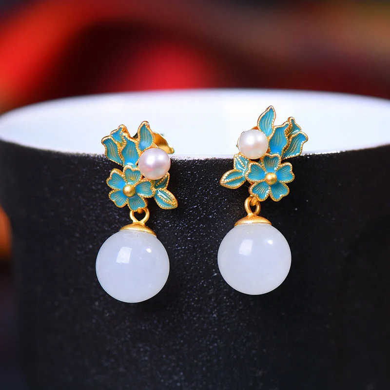 White Jade 925 Sterling Silver Pearl Flower Blessing Necklace Pendant Ring Earrings