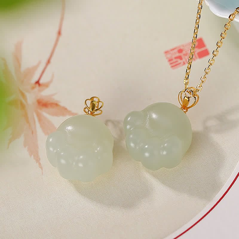 Renbeads 925 Sterling Silver Hetian White Jade Cute Cat Paw Luck Necklace Pendant