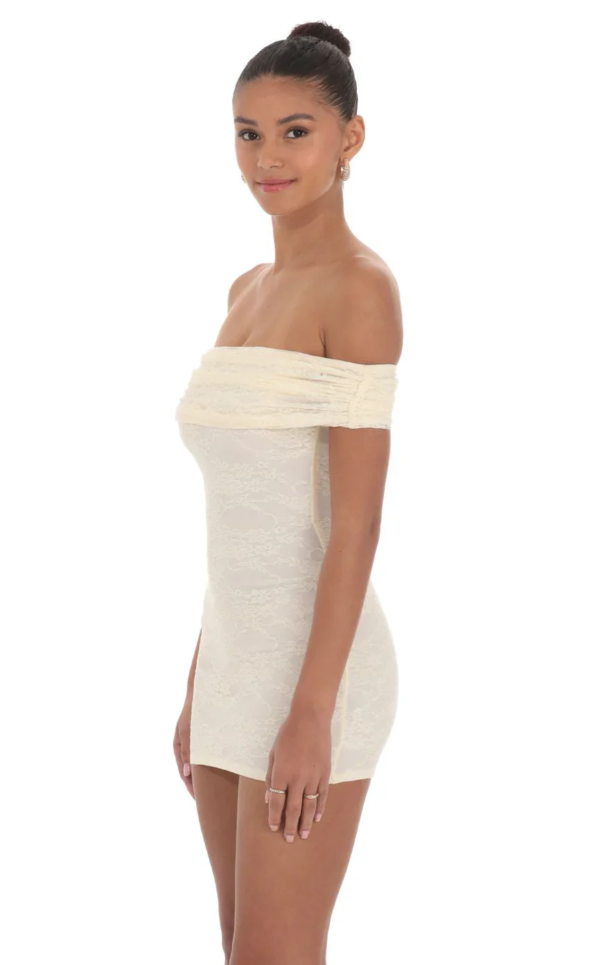 Off Shoulder Lace Bodycon Dress in Cream