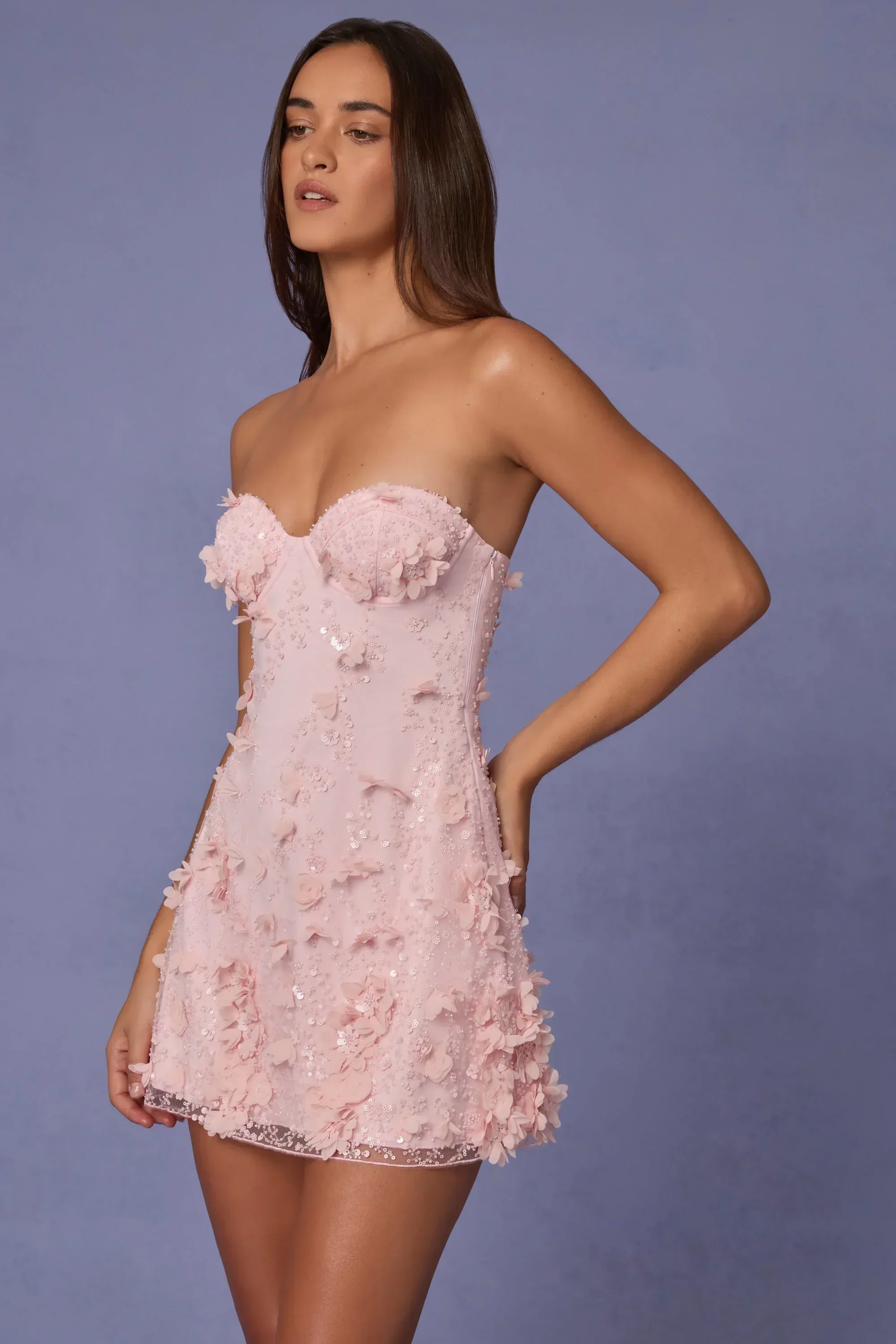 Embellished Bandeau A-line Mini Dress in Soft Pink