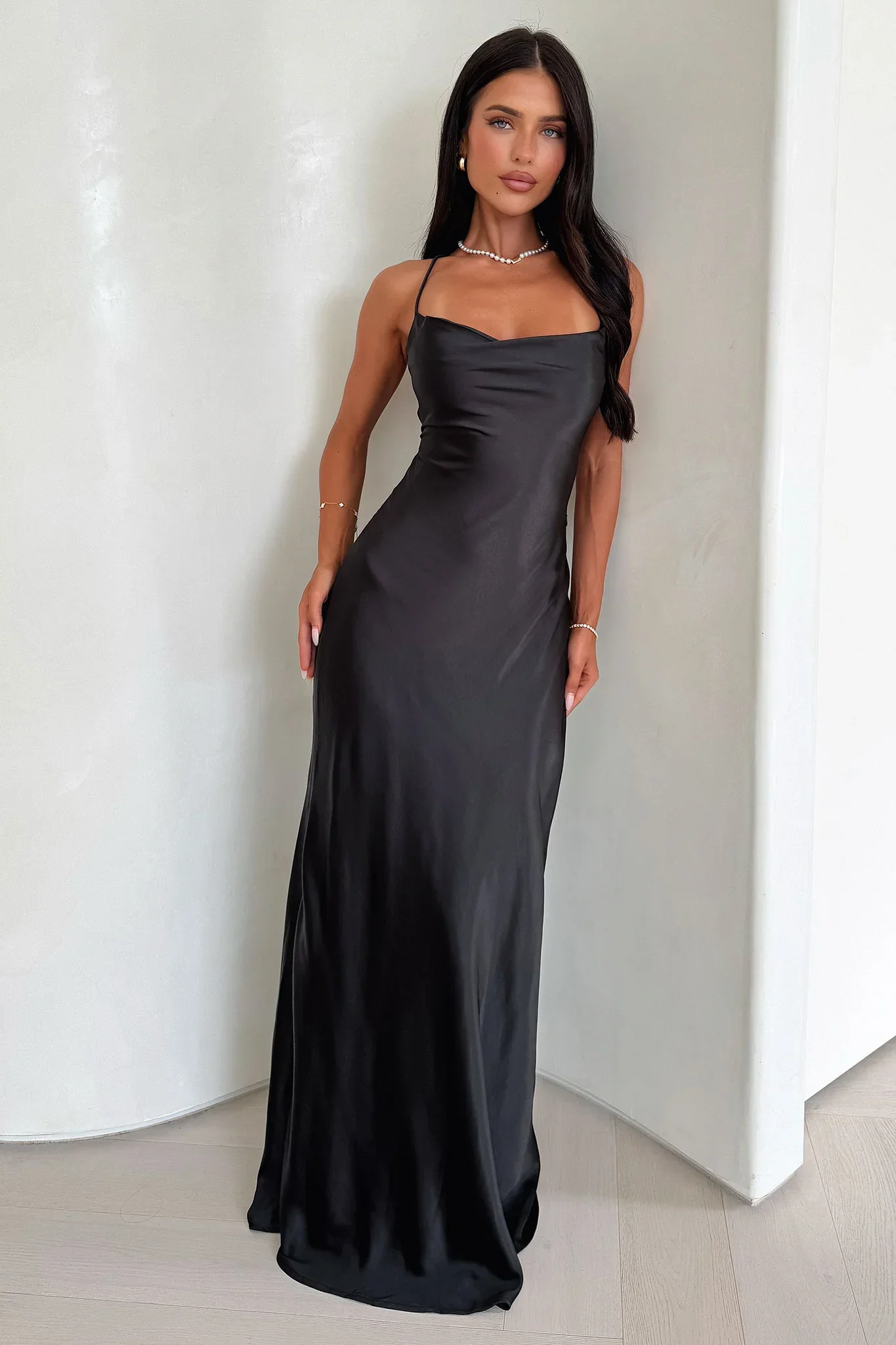Starlette Cowl Neck Satin Maxi Dress - Black