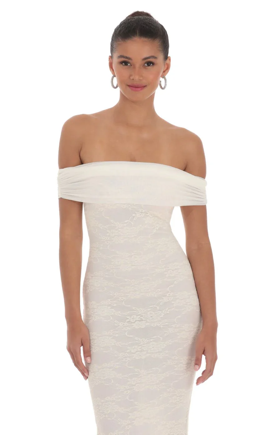 Off Shoulder Sheer Lace Maxi Dress in Cream