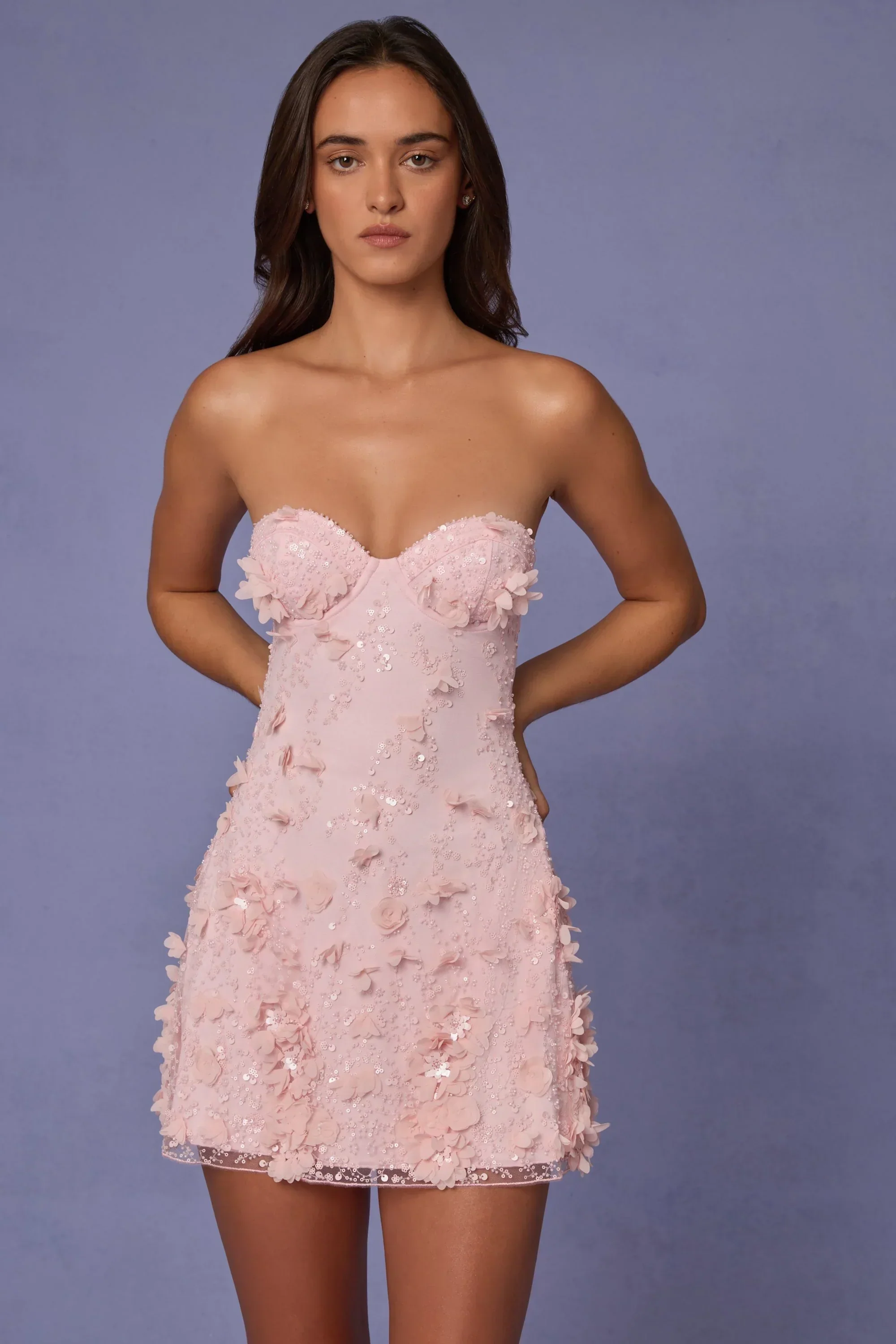 Embellished Bandeau A-line Mini Dress in Soft Pink