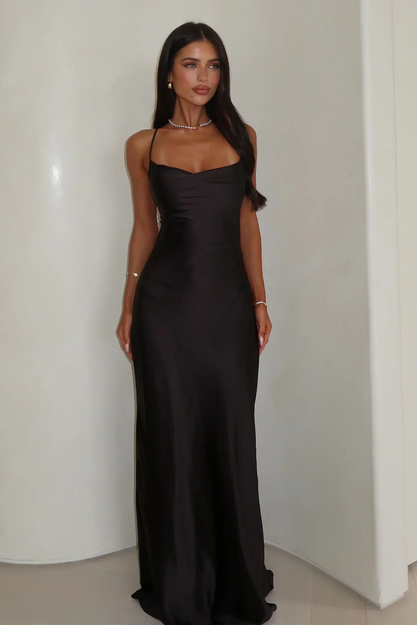 Starlette Cowl Neck Satin Maxi Dress - Black