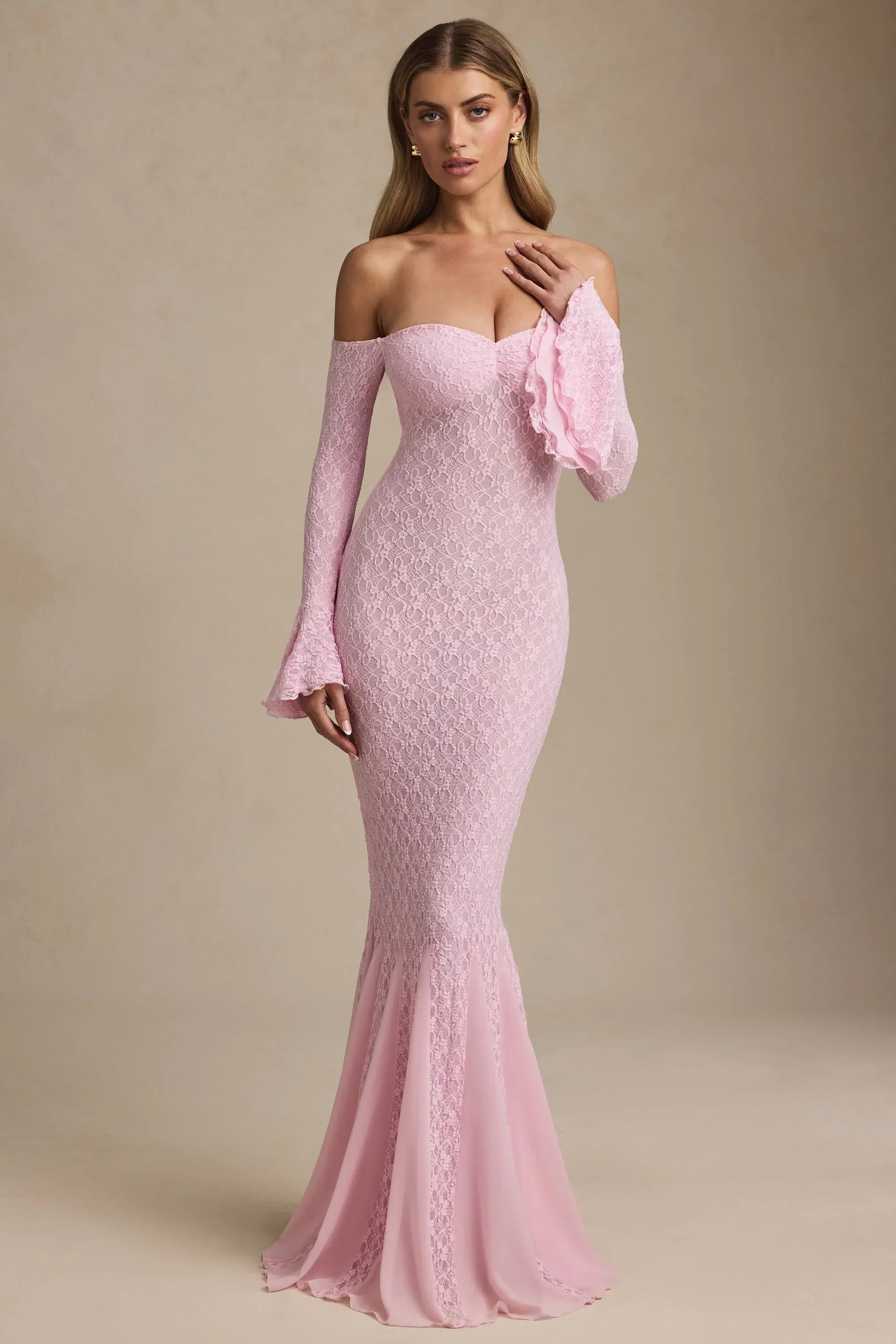 Off-Shoulder Ruffle Lace Maxi Dress in Soft Pink