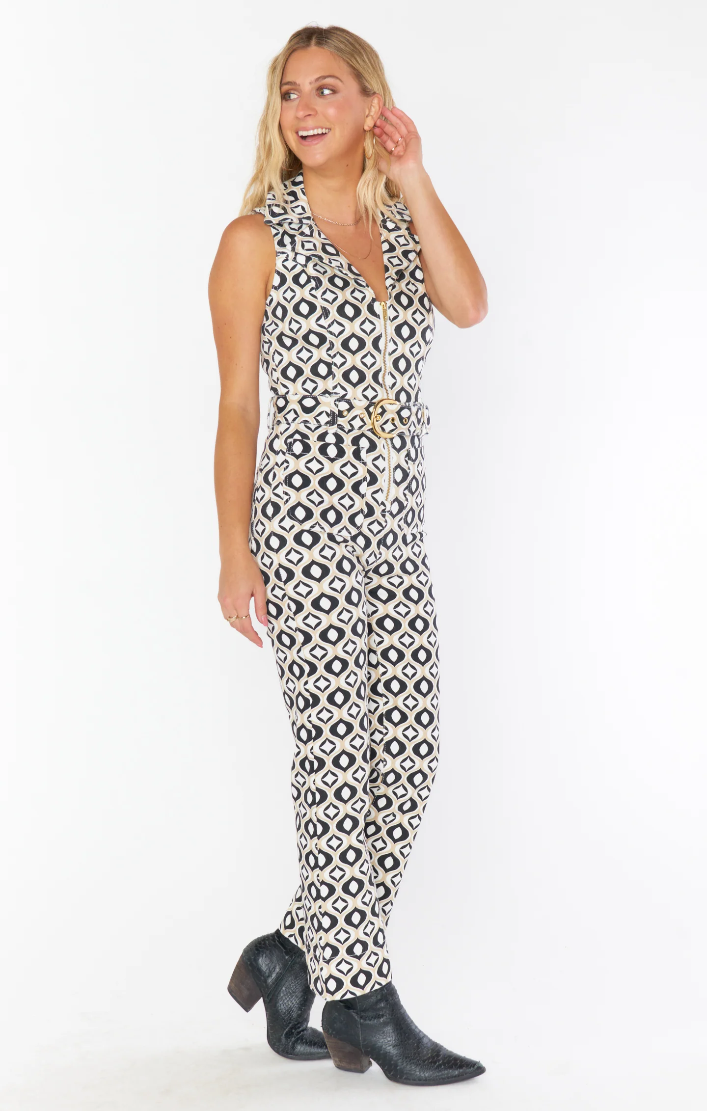 Jacksonville Cropped Jumpsuit ~ Neutral Geo Denim