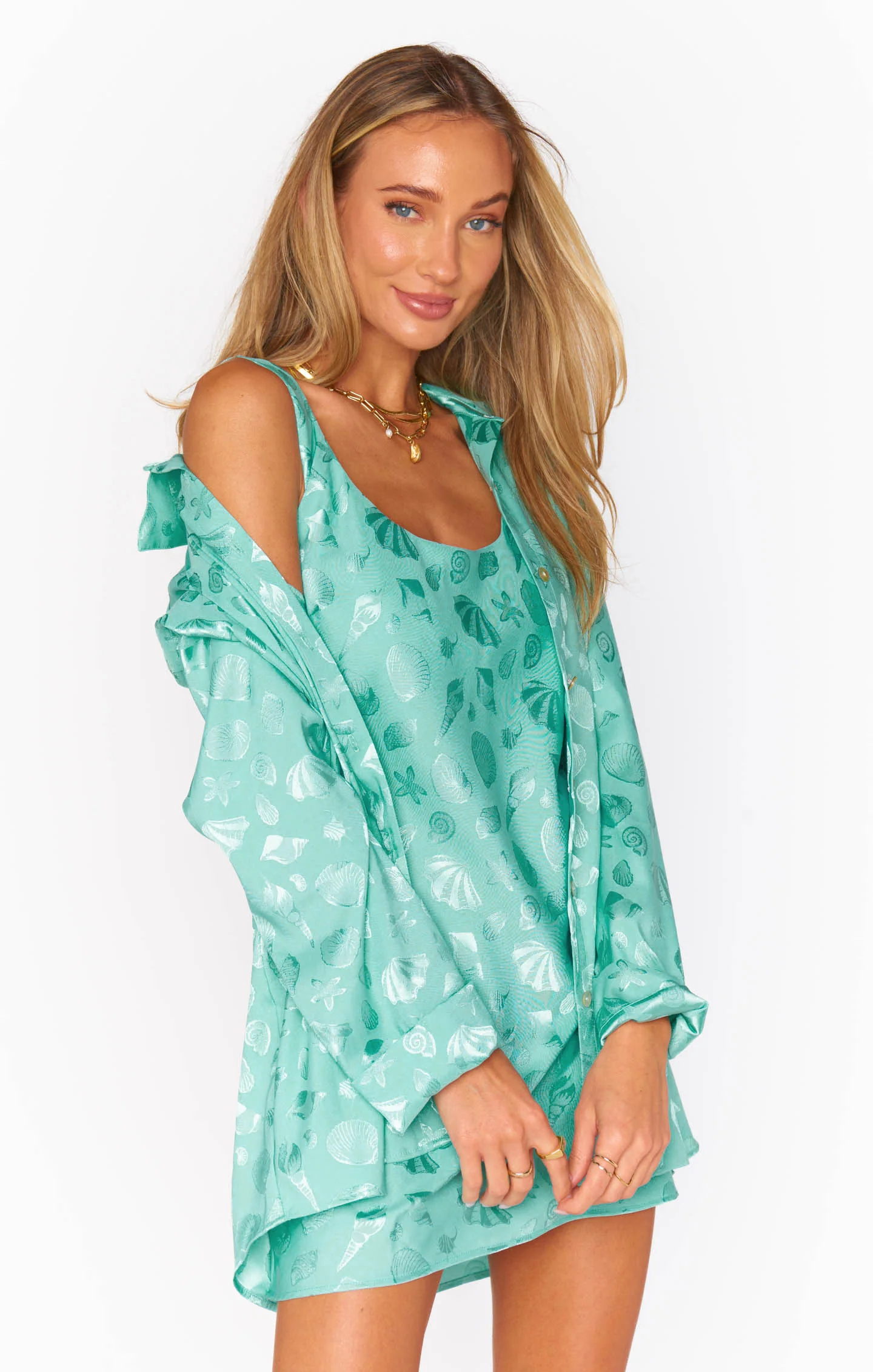 Button Down ~ Aquamarine Shell Satin