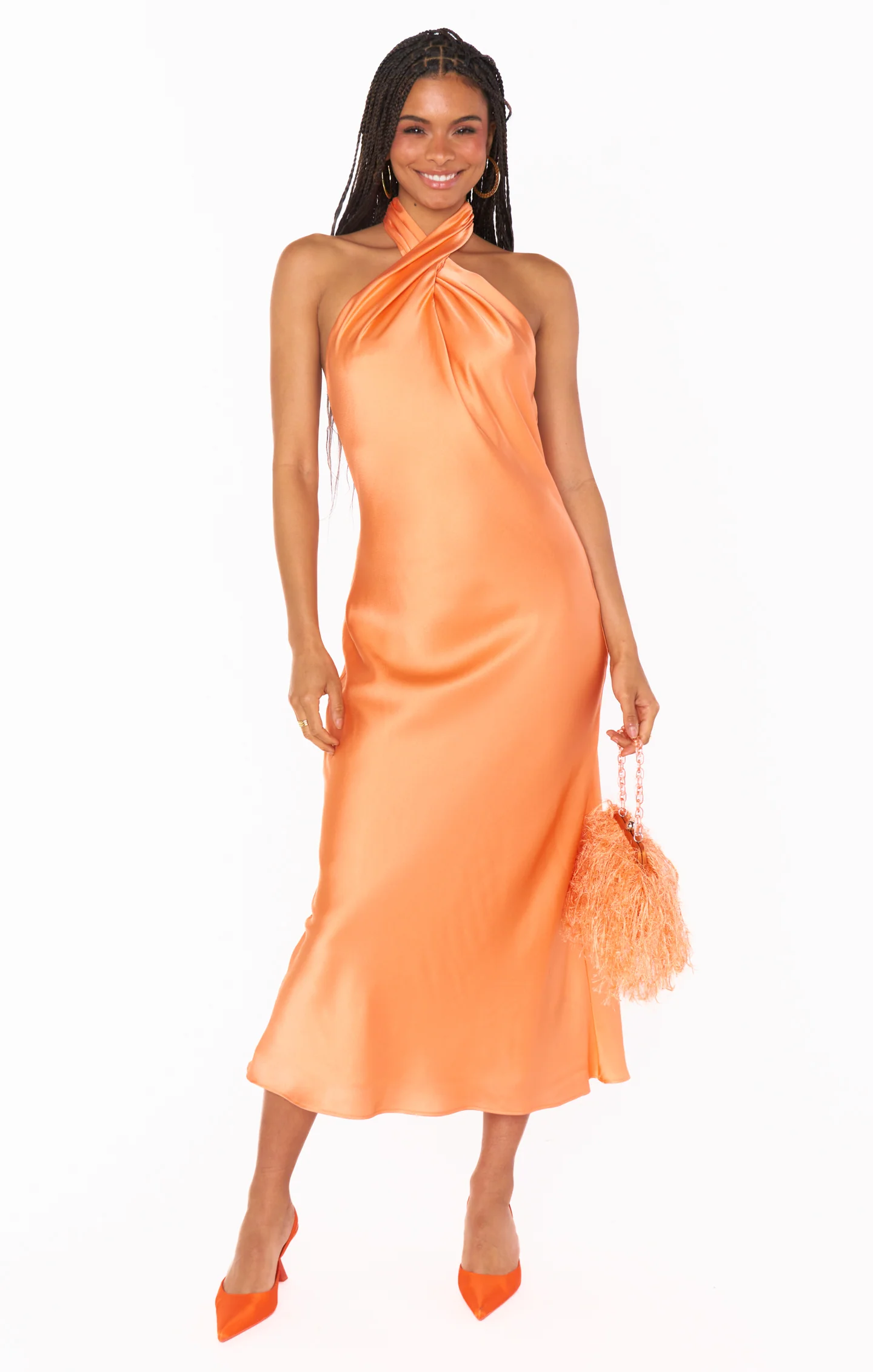 Jasmine Halter Midi Dress ~ Cantaloupe Luxe Satin
