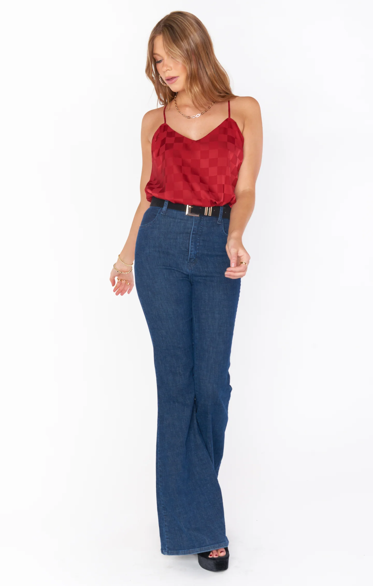 Shimmer Tank ~ Red Patterned Satin