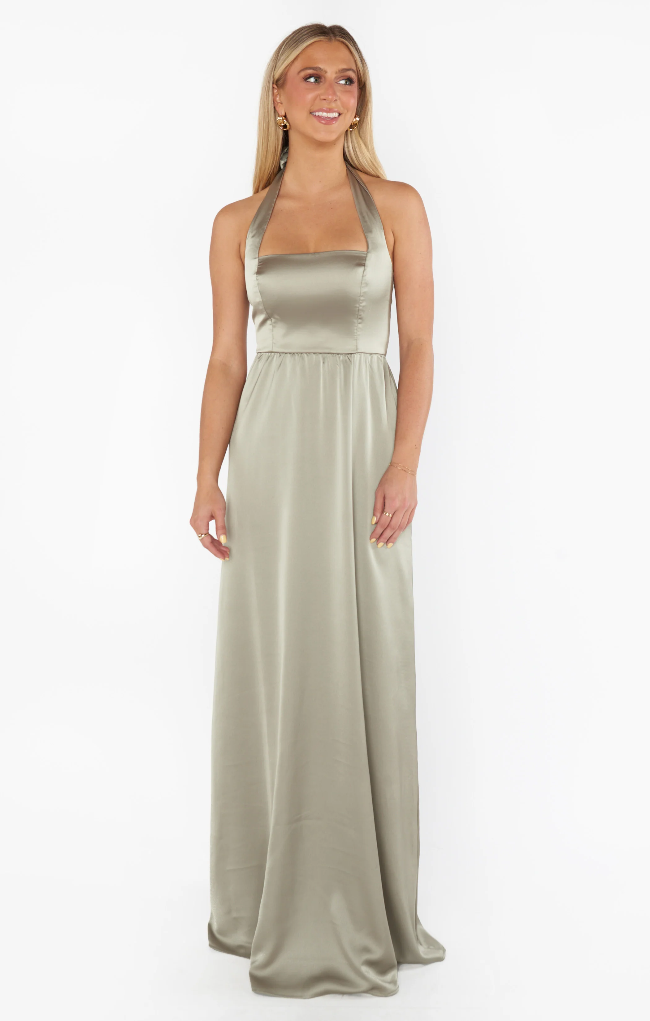 Hazel Halter Maxi Dress ~ Moss Green Luxe Satin