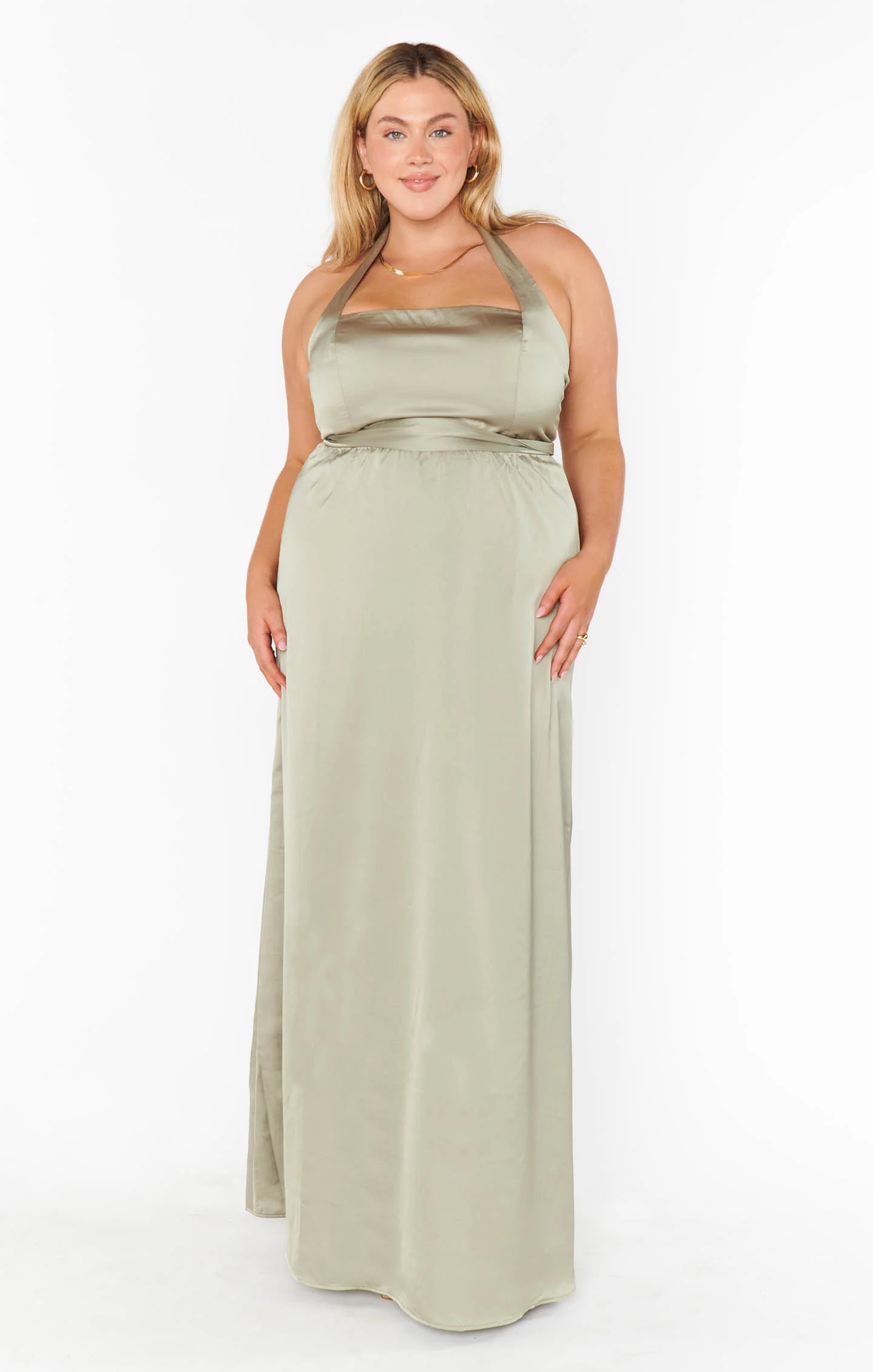 Hazel Halter Maxi Dress ~ Moss Green Luxe Satin