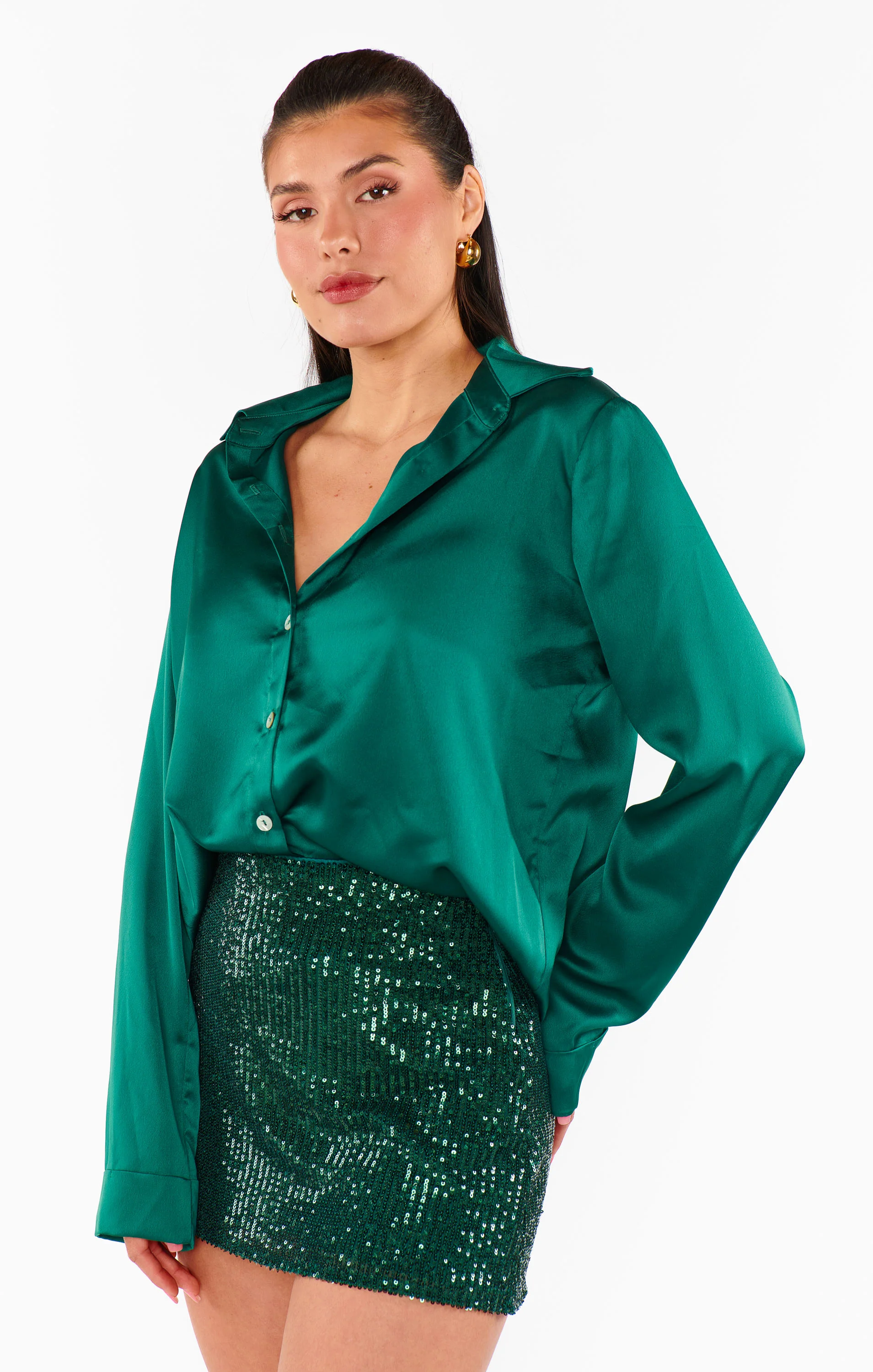 Emerald Luxe Satin Button Down