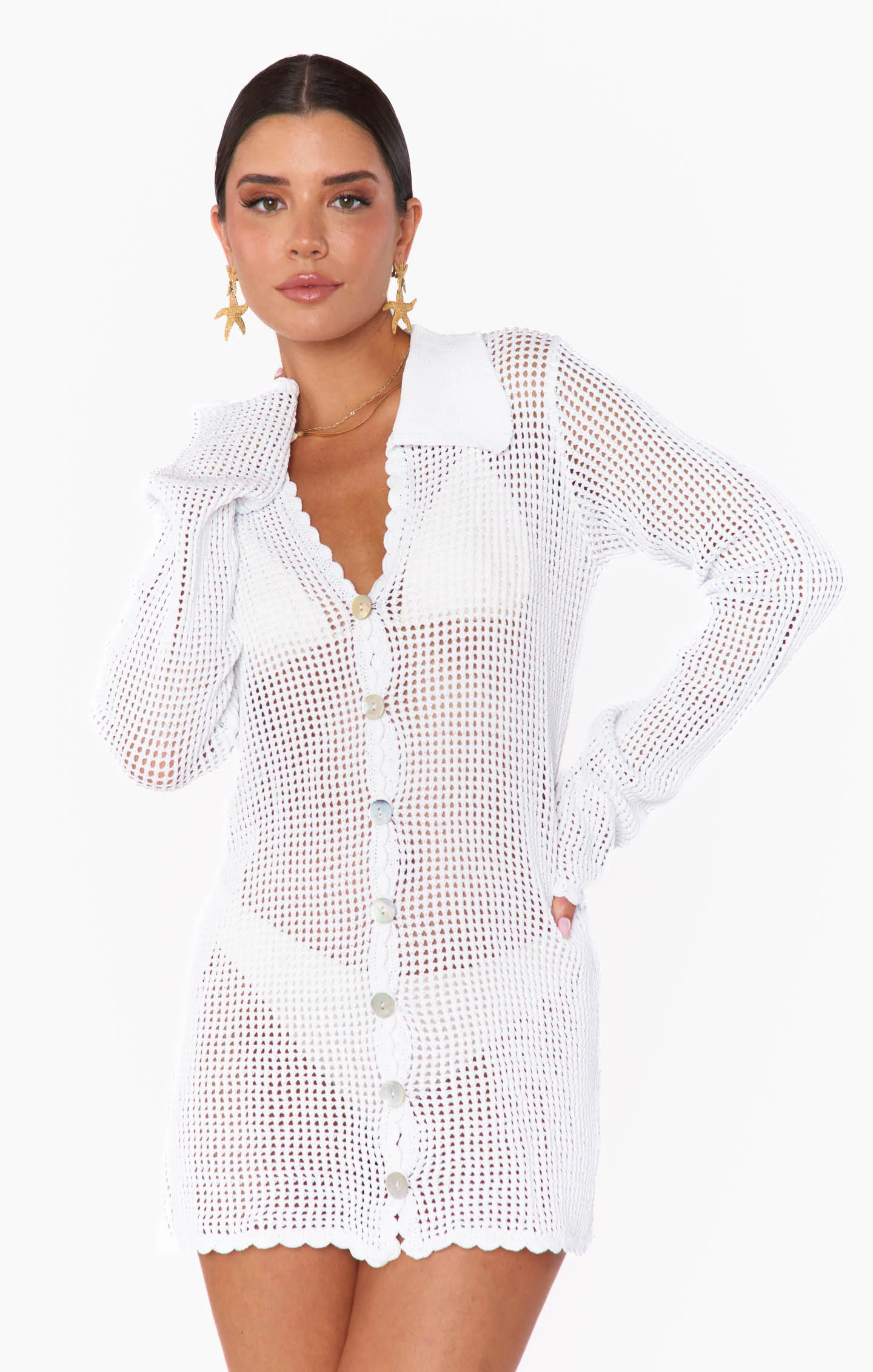 Button Up Coverup ~ White Crochet