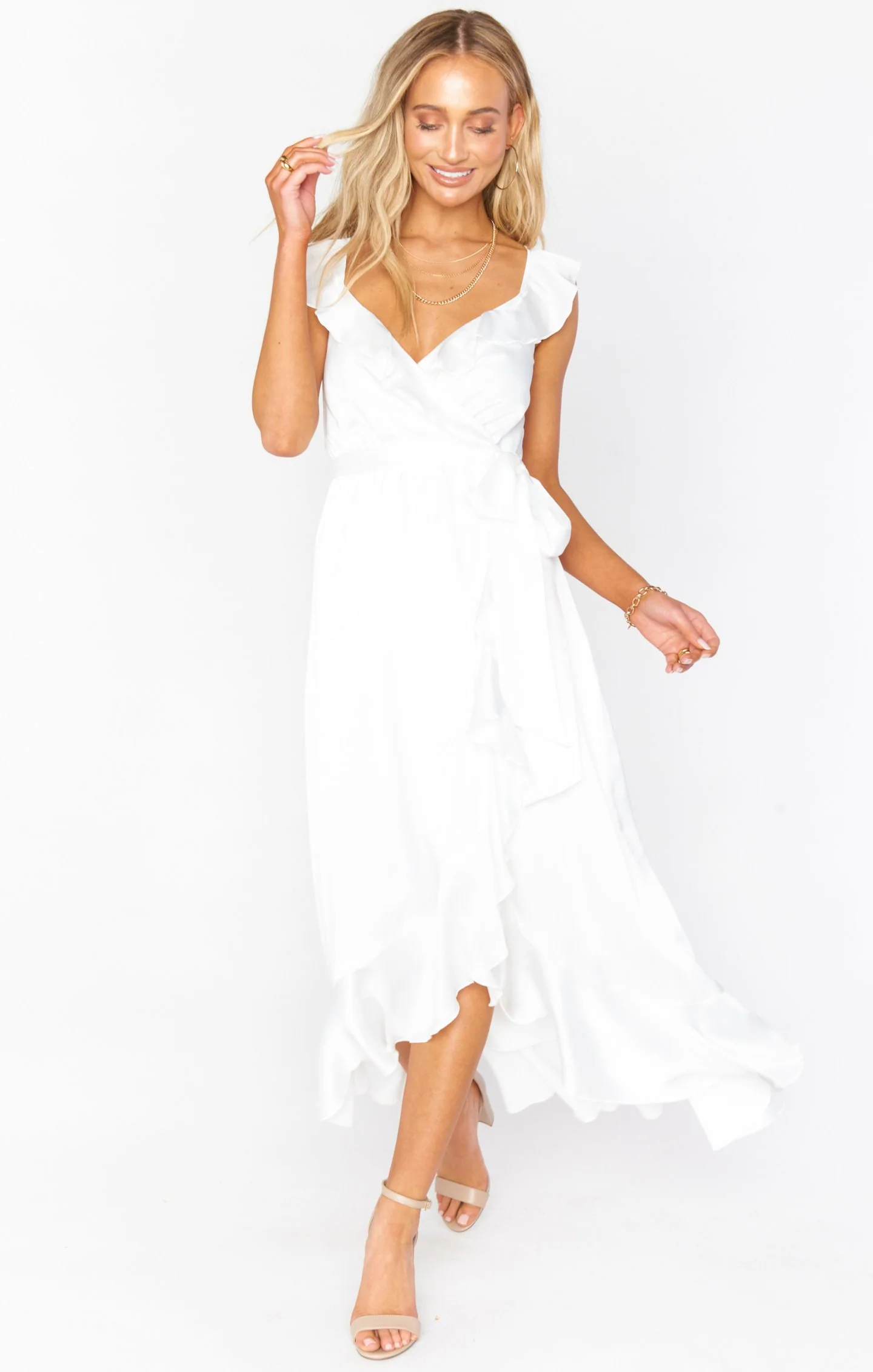 Samantha Ruffle Wrap Dress ~ Ivory Luxe Satin