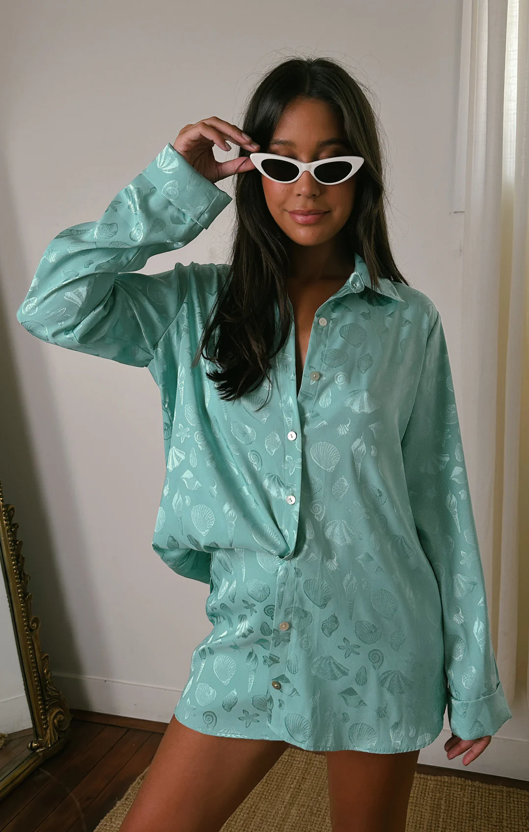 Button Down ~ Aquamarine Shell Satin
