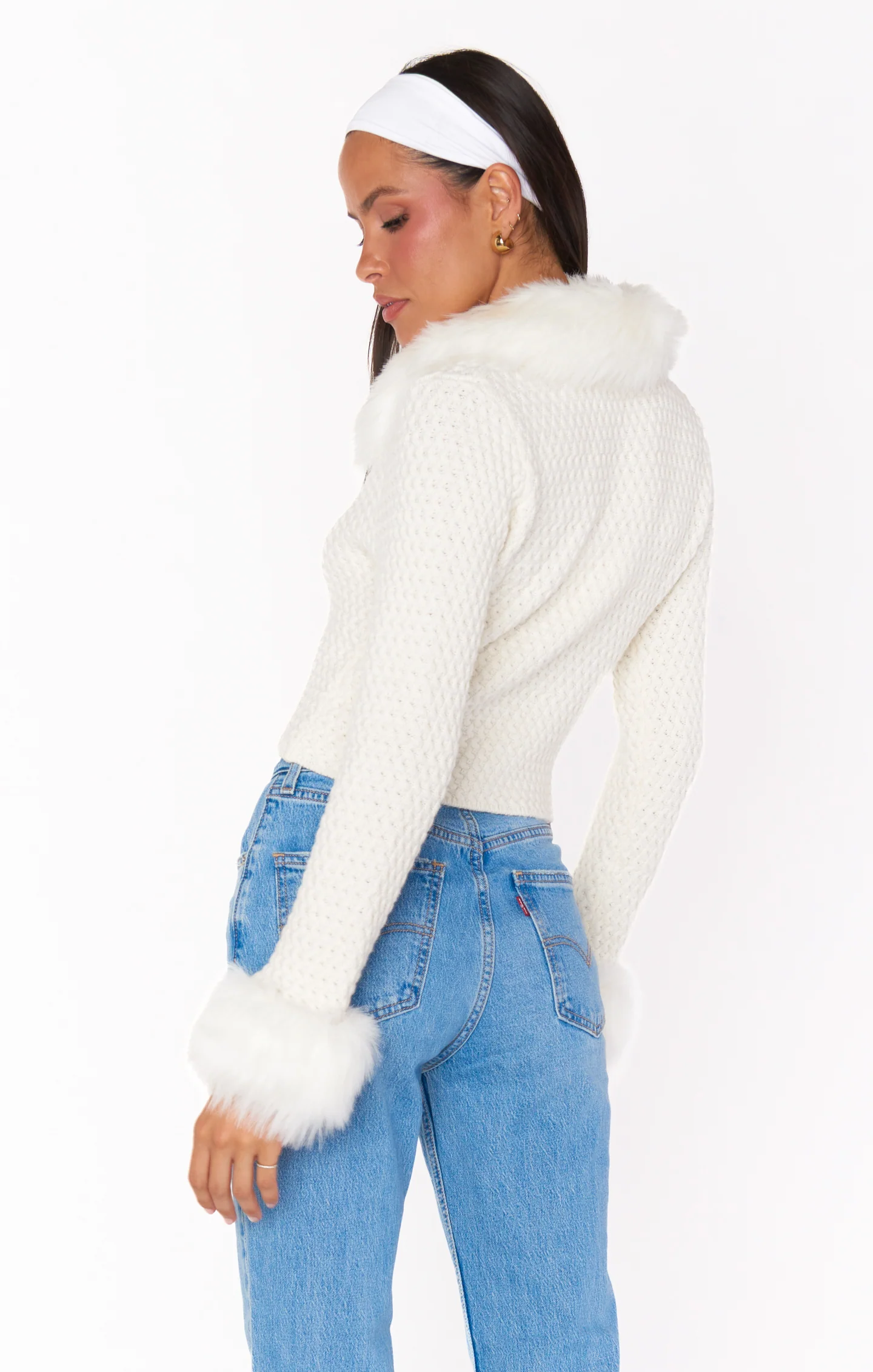 Mountain Peak Zip Up ~ White Pebble Knit with Faux Fur