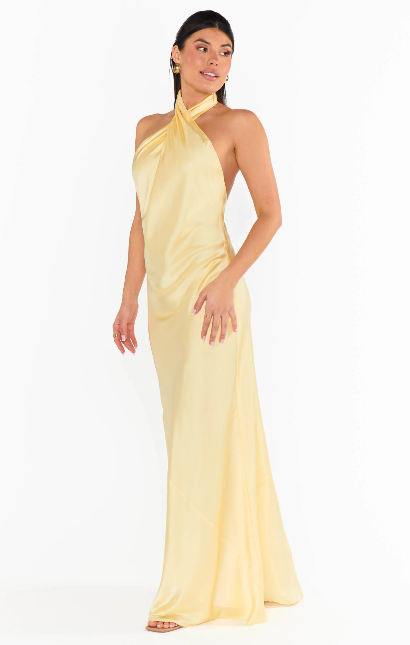 Jasmine Halter Maxi Dress ~ Pale Yellow Luxe Satin