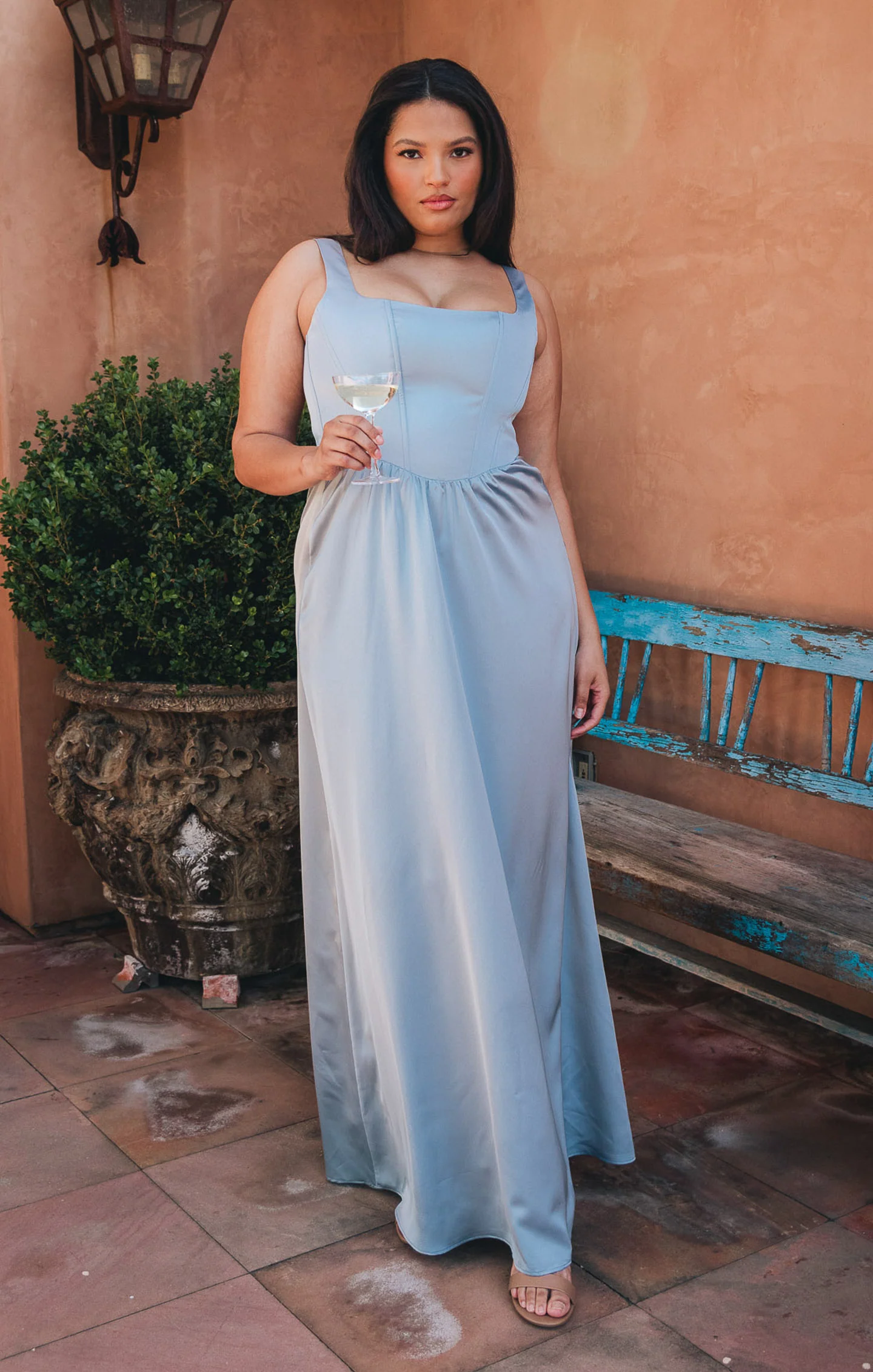 Maxi Dress ~ Steel Blue Satin