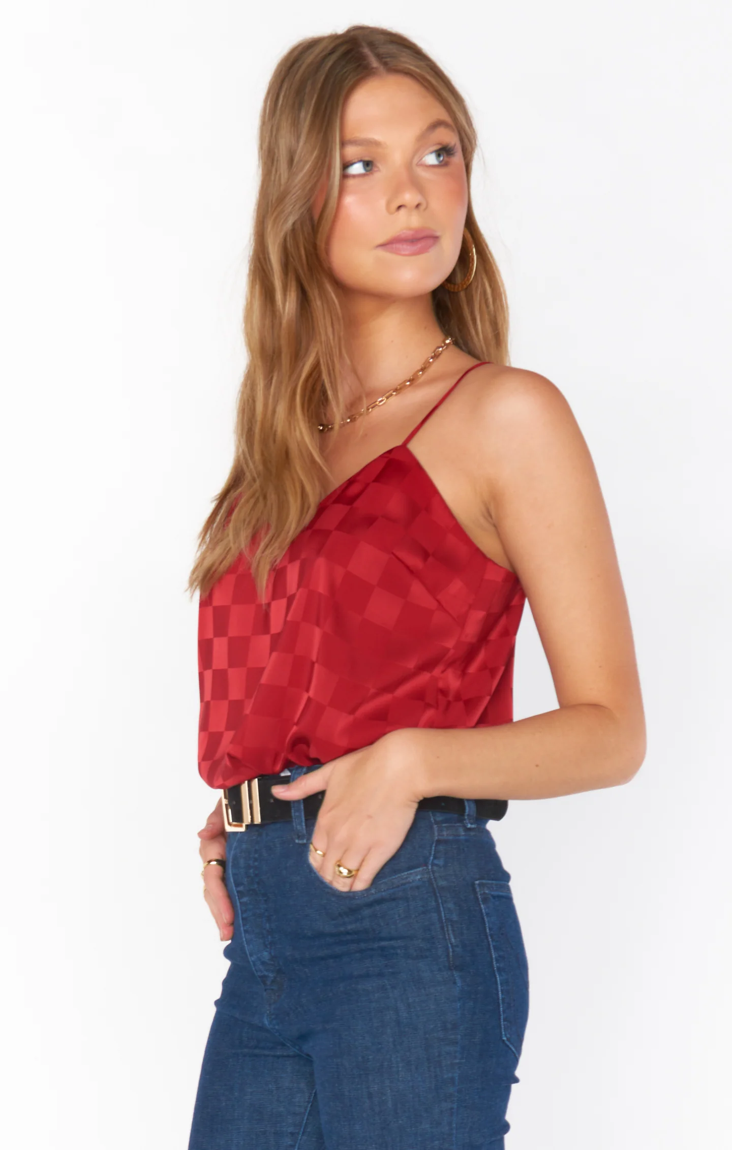 Shimmer Tank ~ Red Patterned Satin