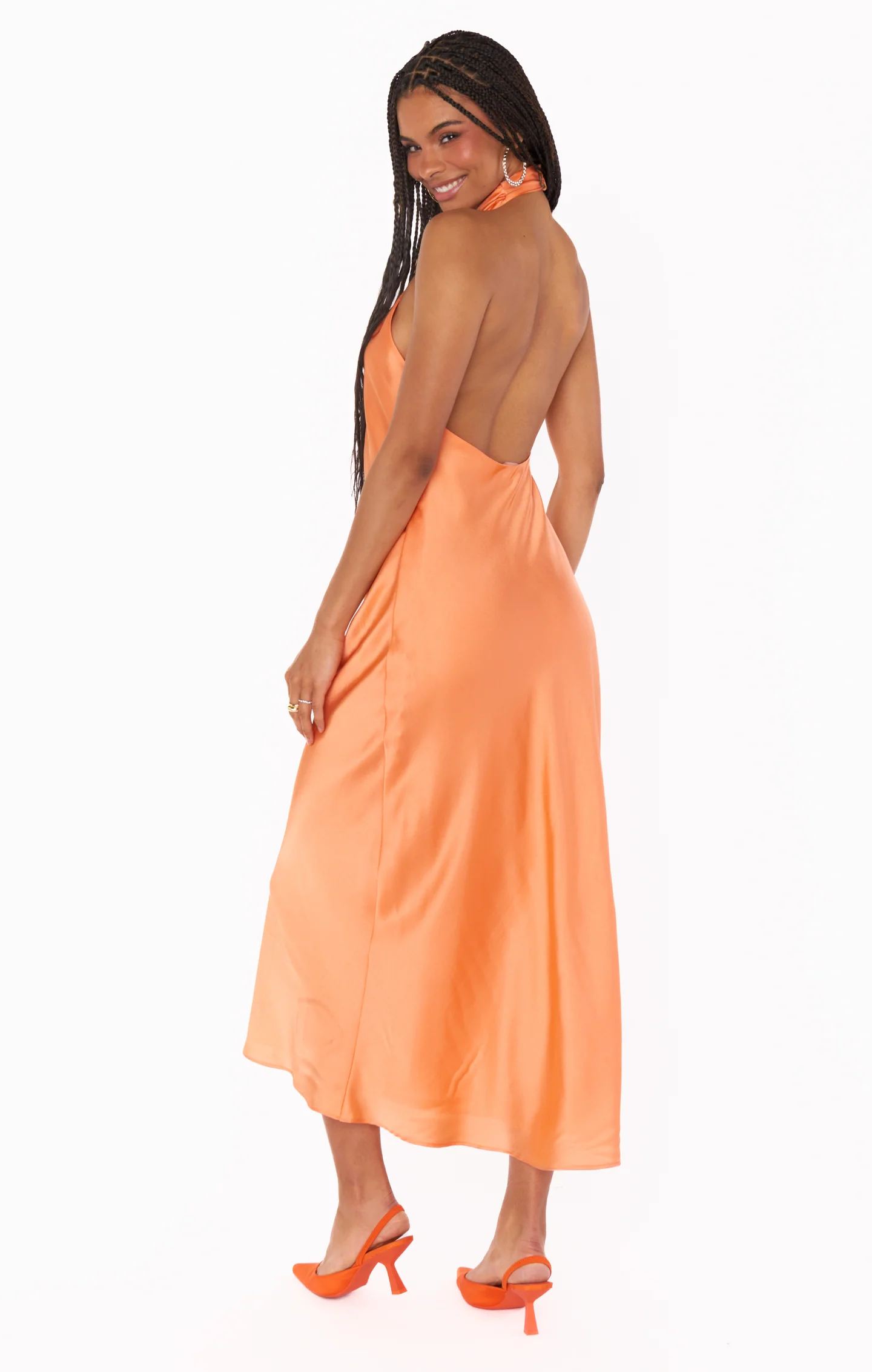 Jasmine Halter Midi Dress ~ Cantaloupe Luxe Satin