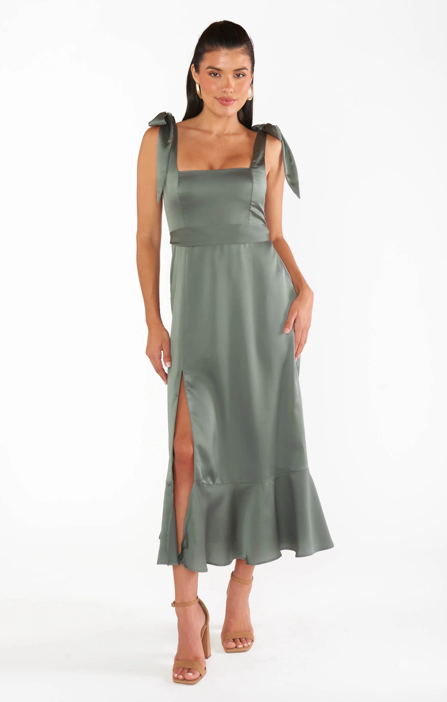 Claire Midi Dress ~ Deep Sage Luxe Satin