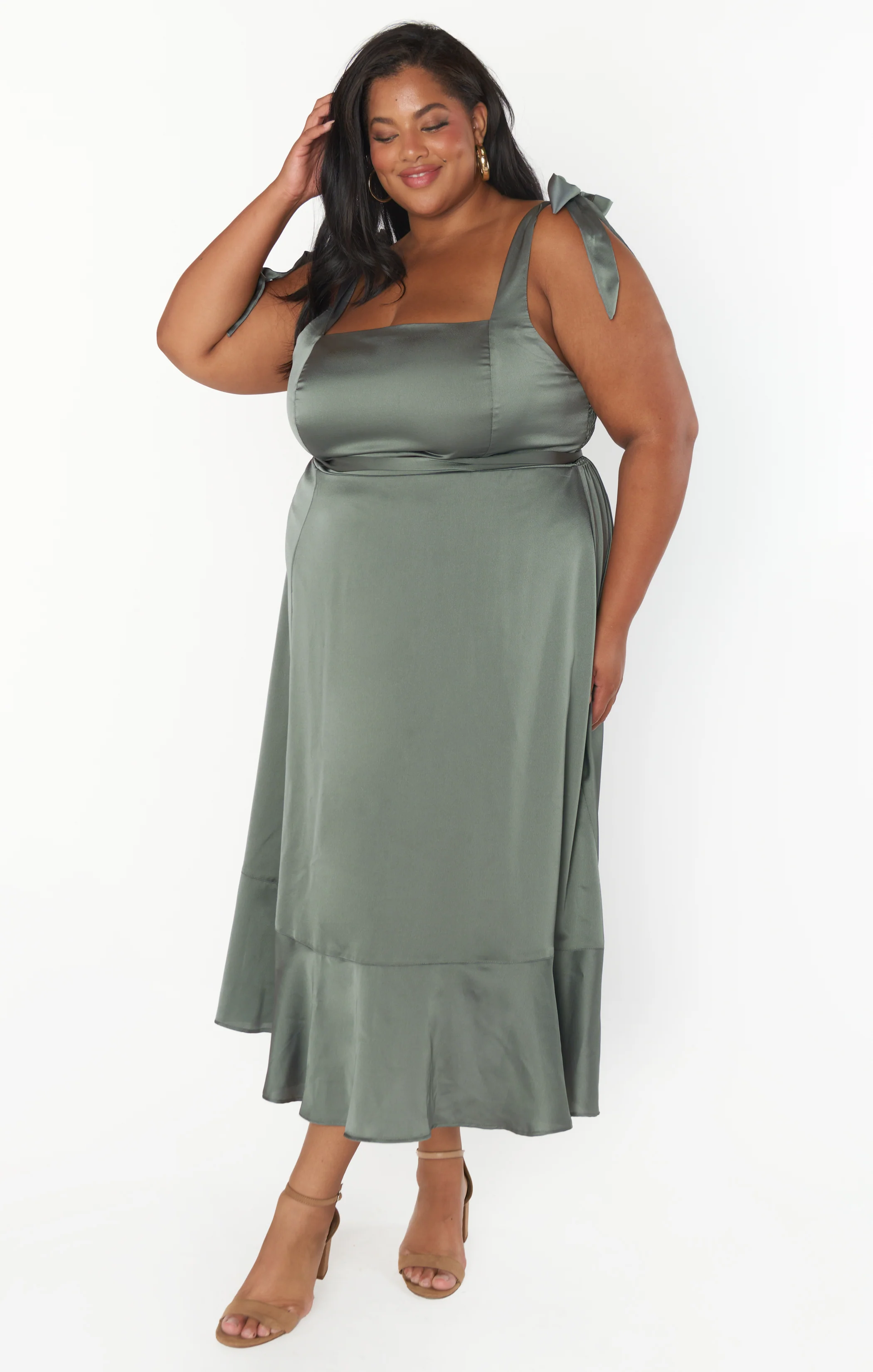 Claire Midi Dress ~ Deep Sage Luxe Satin
