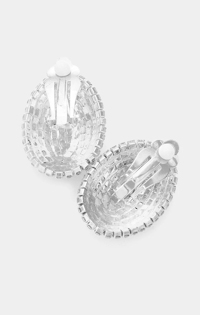 Oval Rhinestone Clip On Earrings ~ Silver