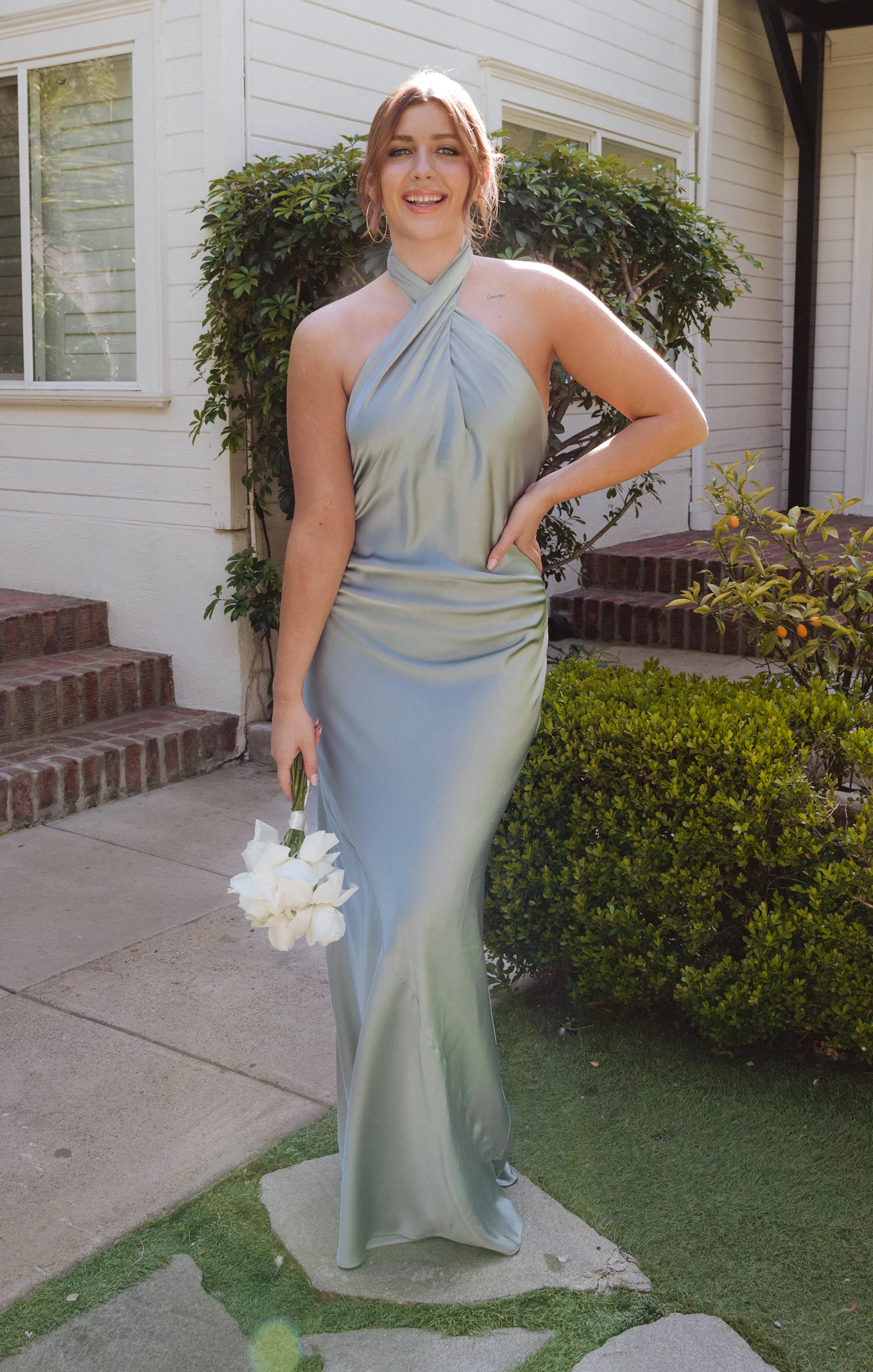 Jasmine Halter Maxi Dress ~ Silver Sage Satin