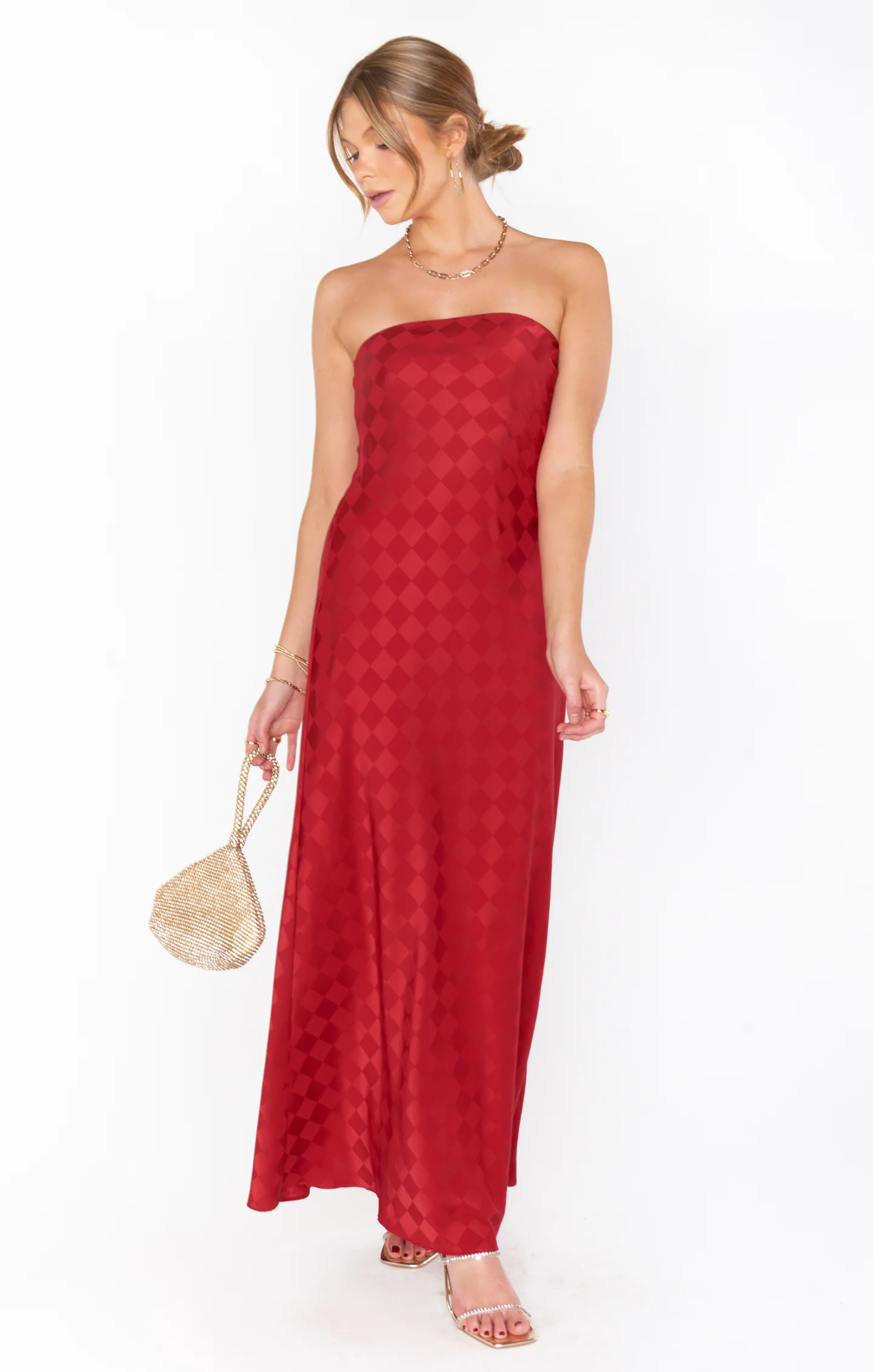 Checkerboard Satin Maxi Dress