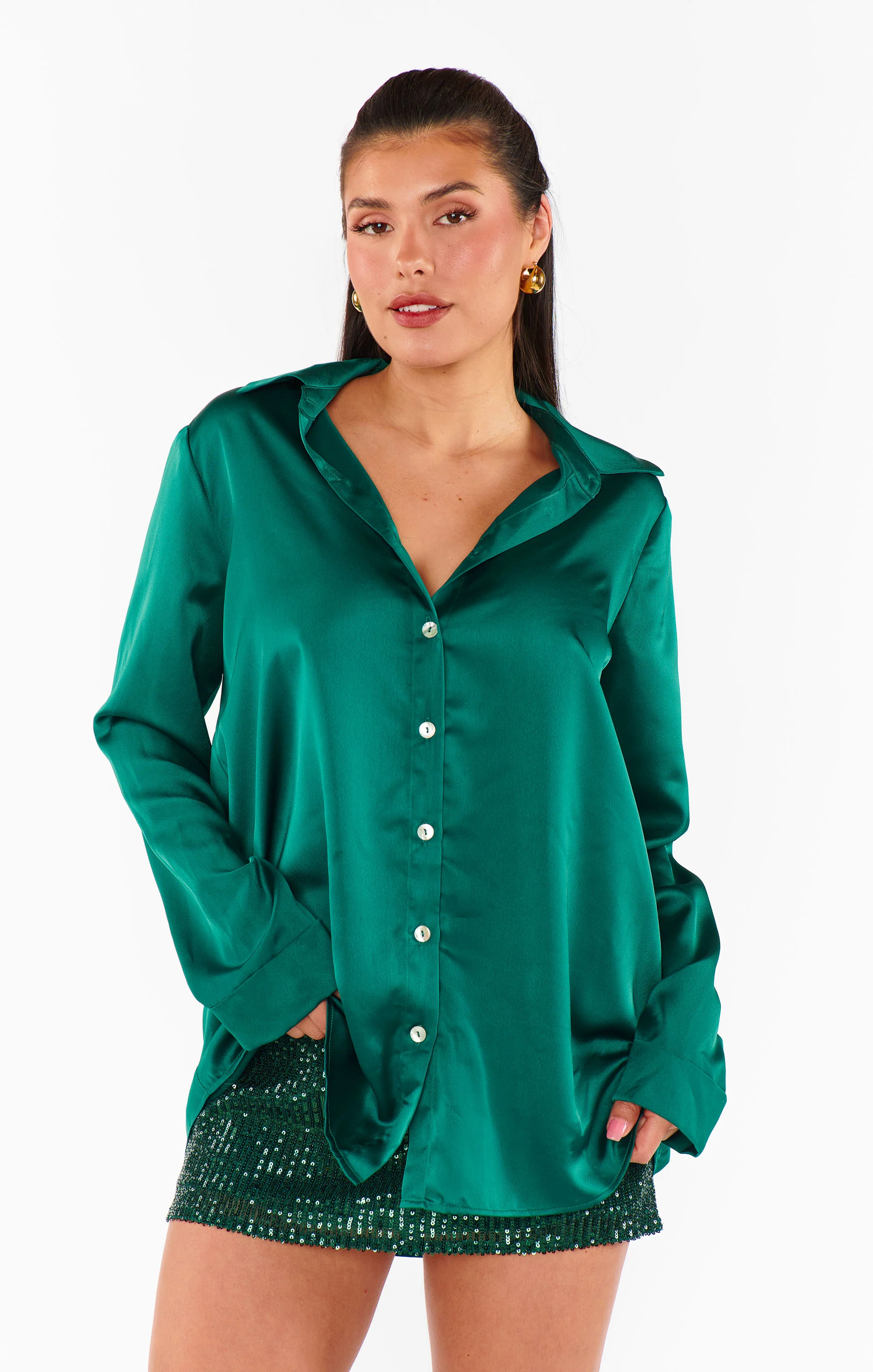Emerald Luxe Satin Button Down