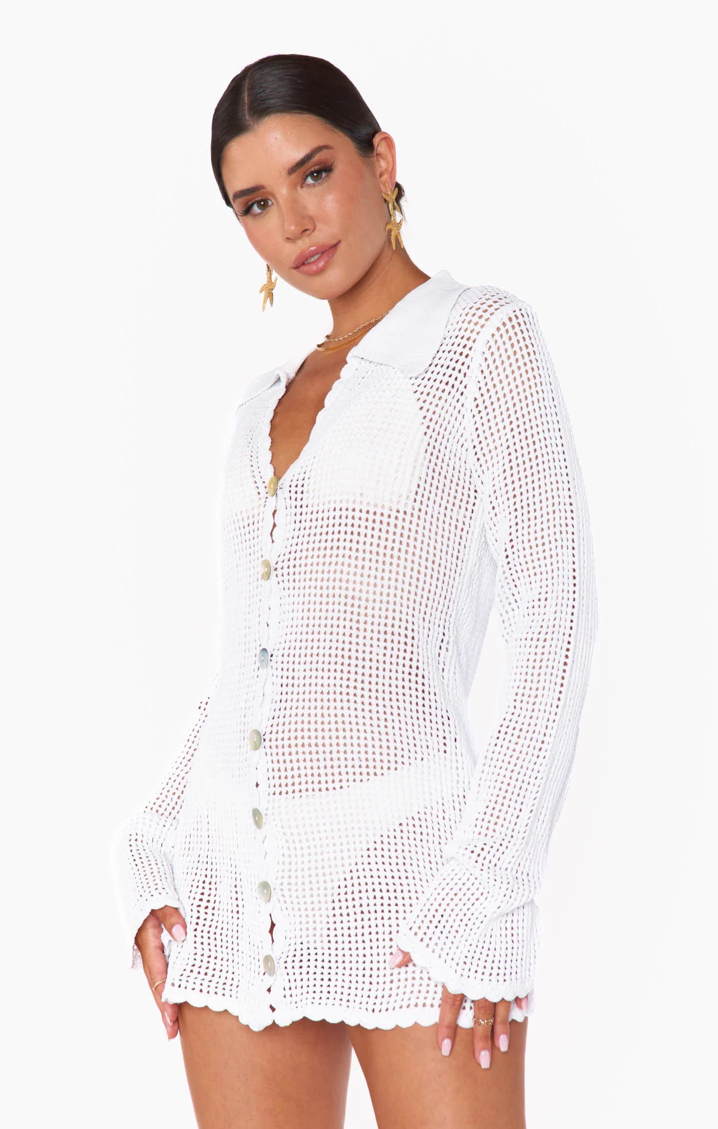 Button Up Coverup ~ White Crochet