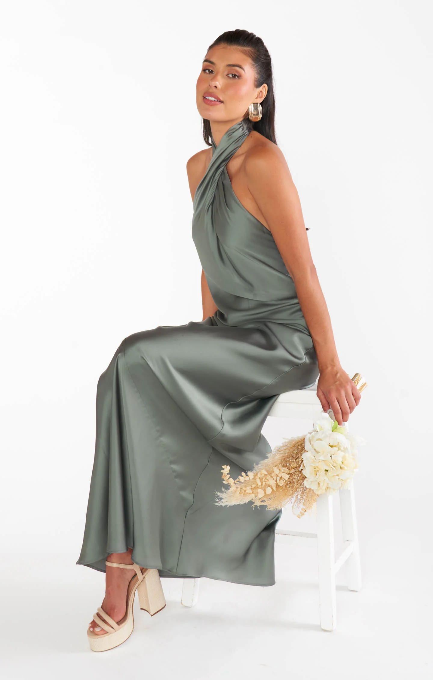 Jasmine Halter Maxi Dress ~ Deep Sage Luxe Satin