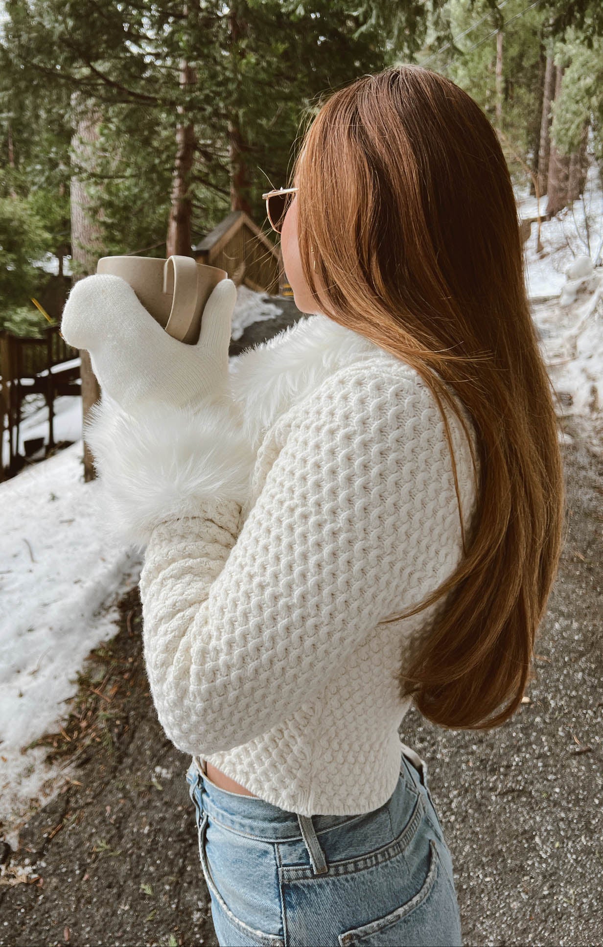 Mountain Peak Zip Up ~ White Pebble Knit with Faux Fur
