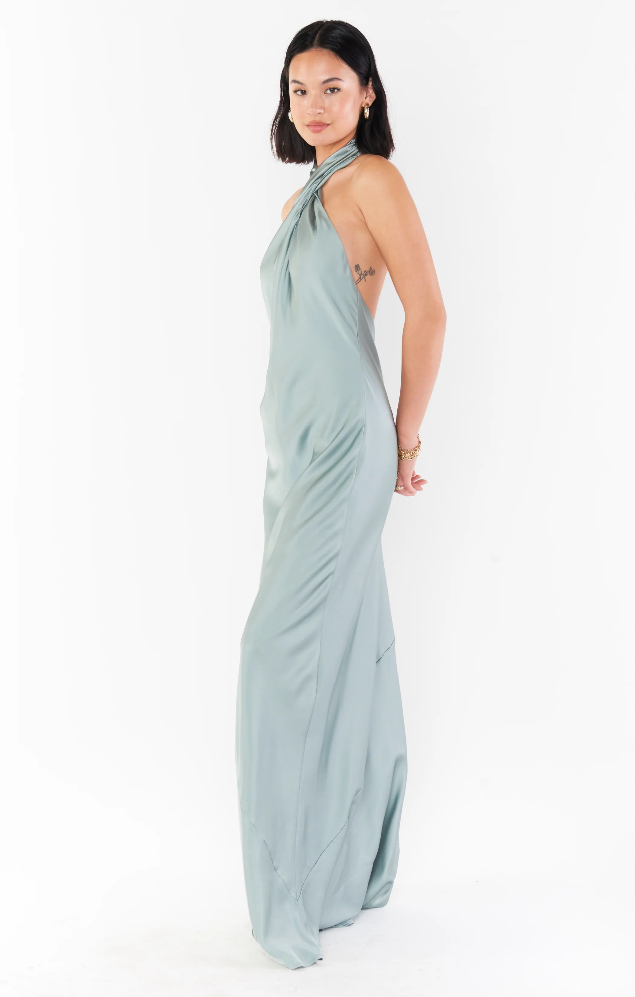 Jasmine Halter Maxi Dress ~ Silver Sage Satin