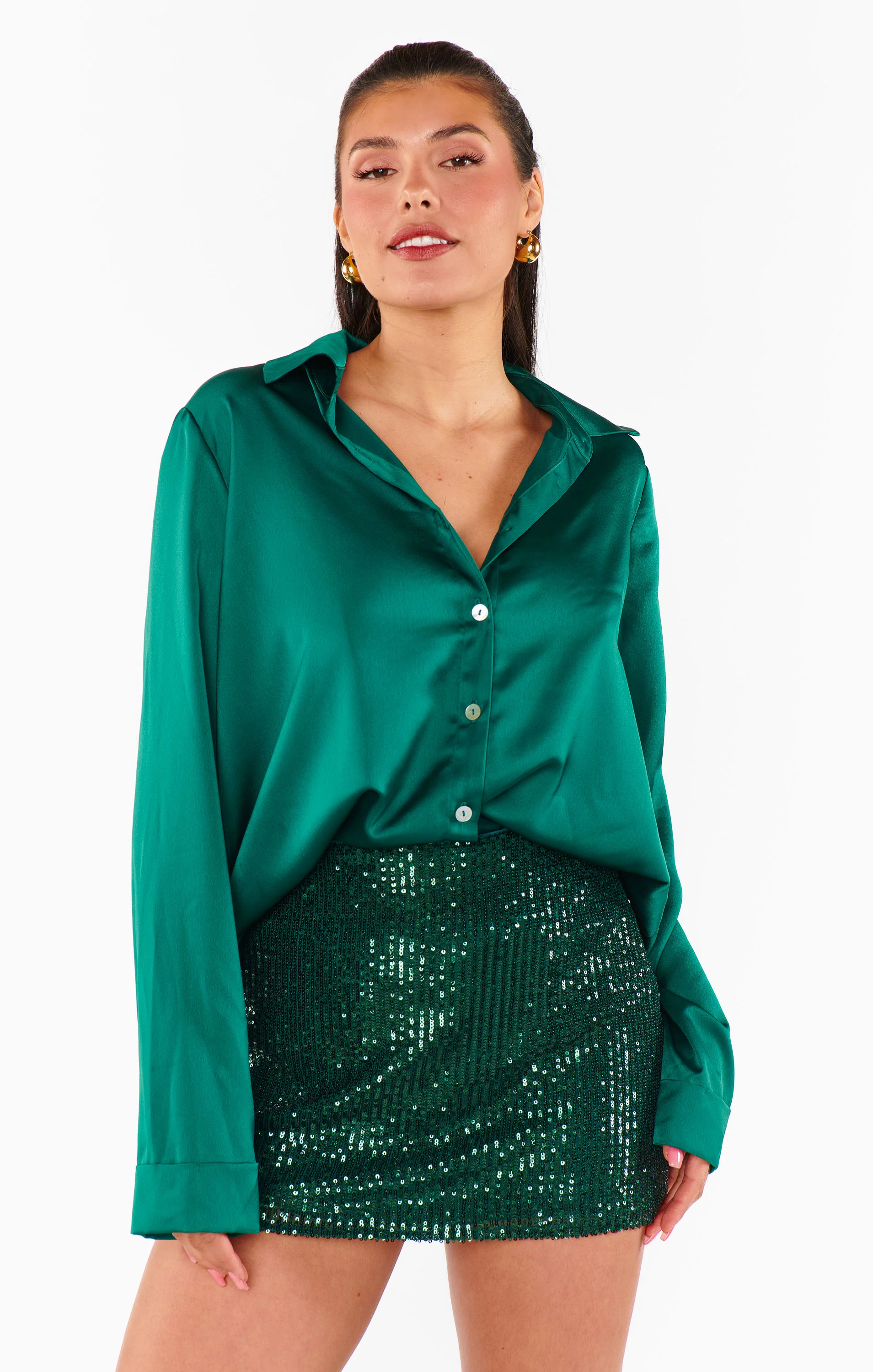 Emerald Luxe Satin Button Down