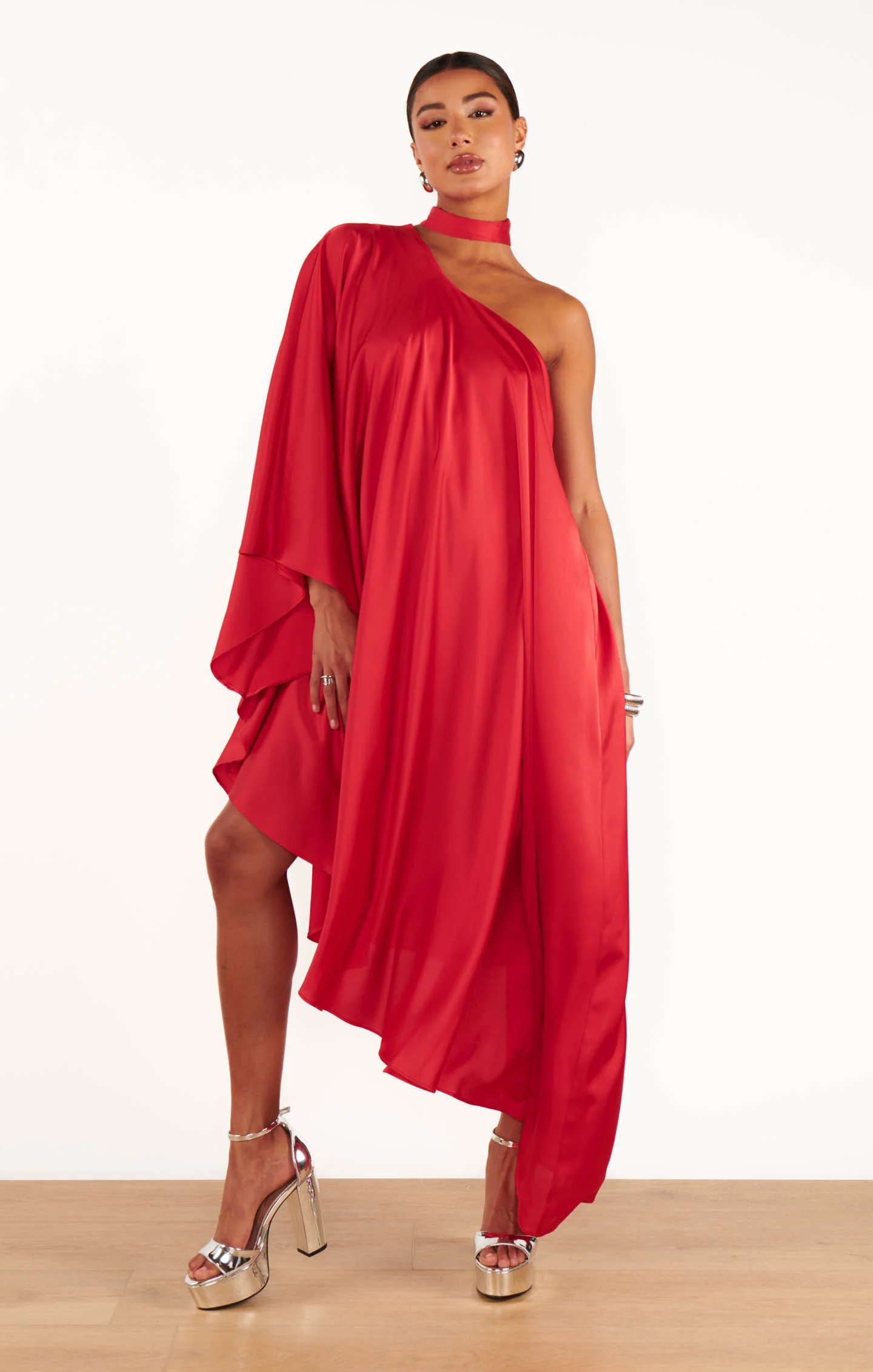 Rhea One Shoulder Dress ~ Red Luxe Satin