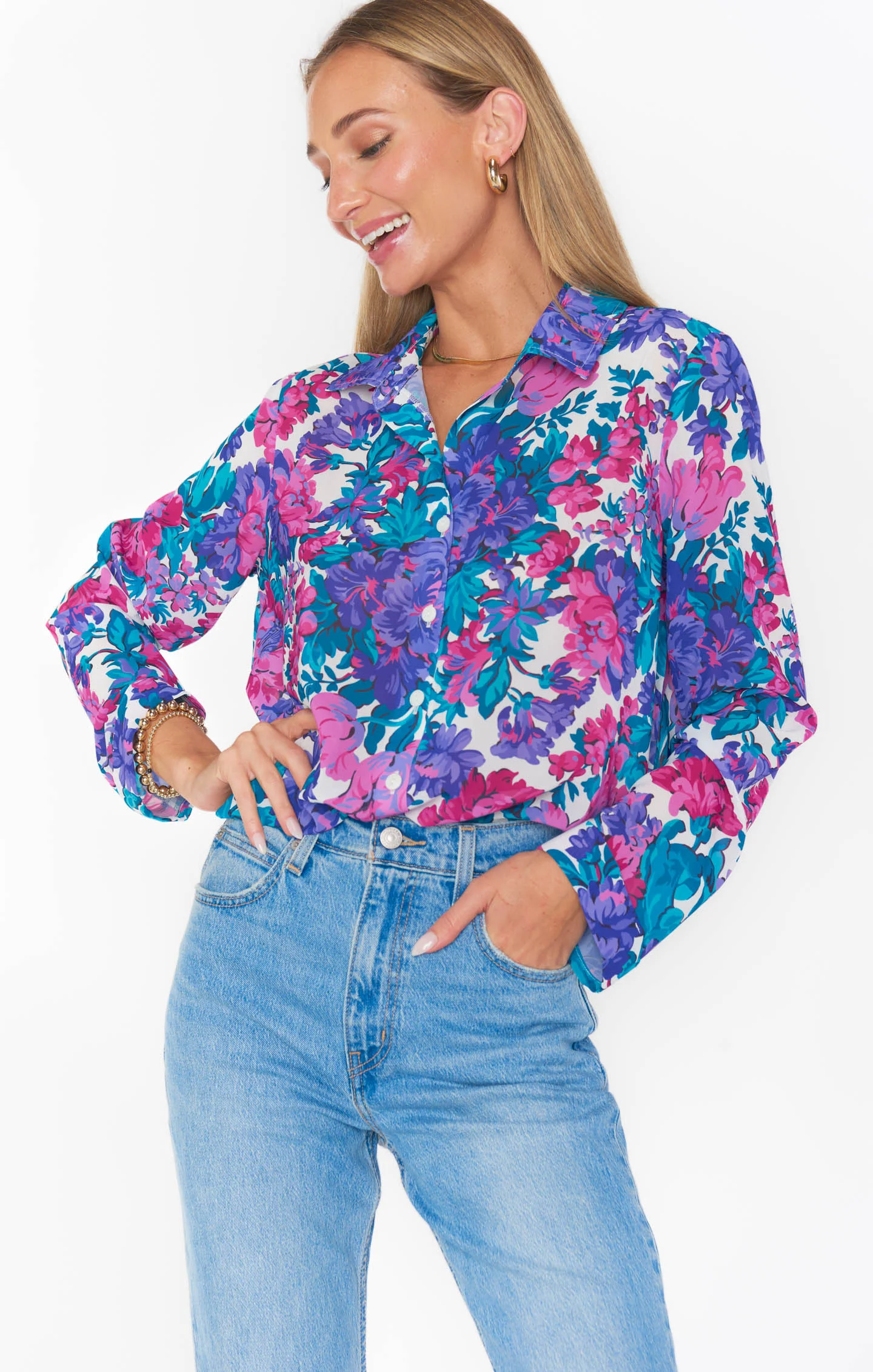 Smith Button Down ~ Magenta Blooms