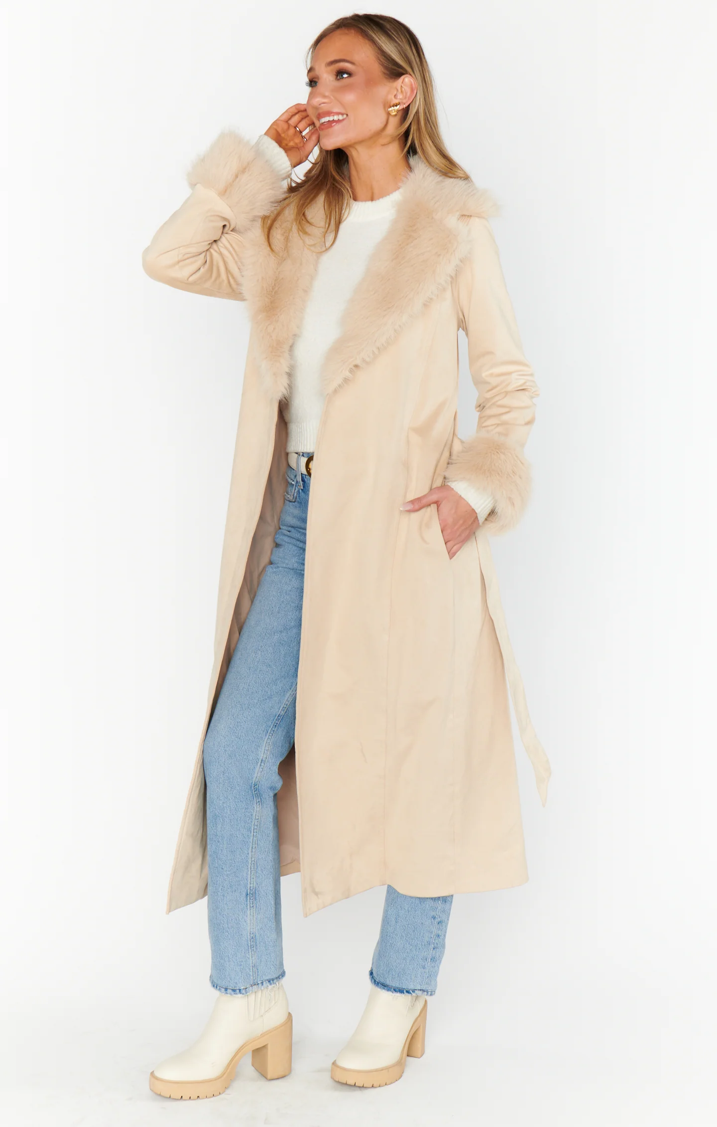 Penny Lane Long Coat ~ Beige Faux Suede with Faux Fur