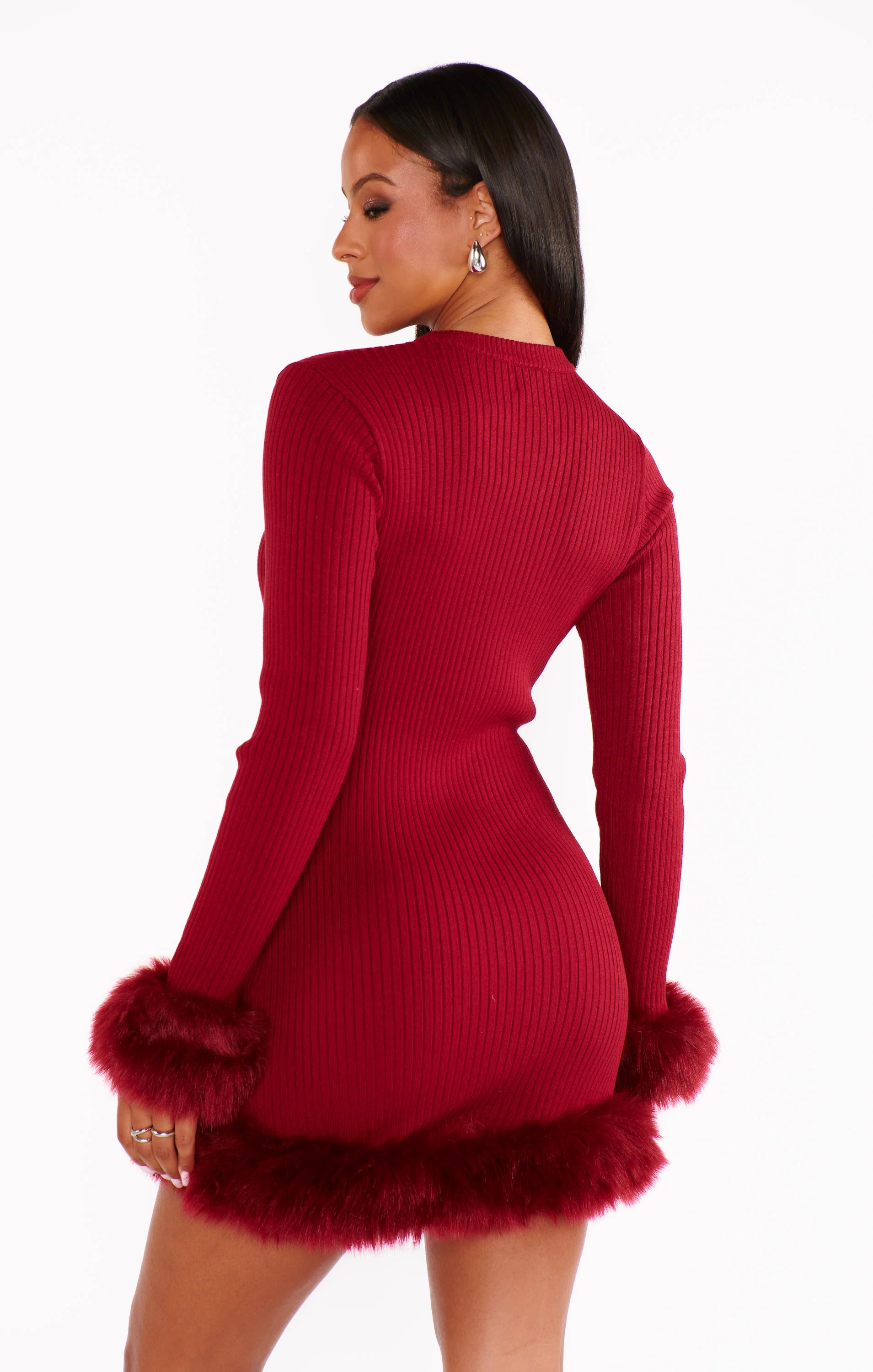 Mini Dress ~ Cranberry Rib with Faux Fur