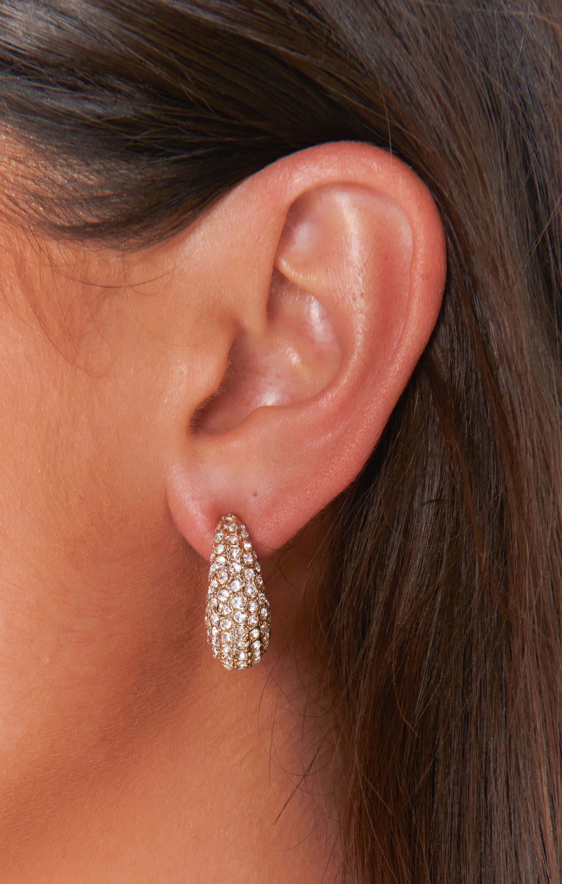 Pave Rhinestone Puff Hoop Earrings