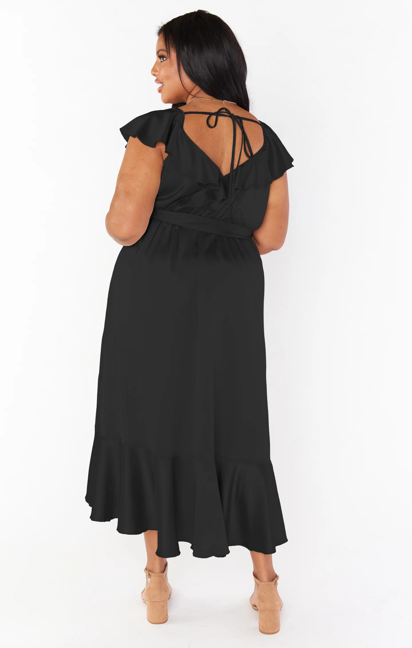 Samantha Ruffle Wrap Dress ~ Black Luxe Satin